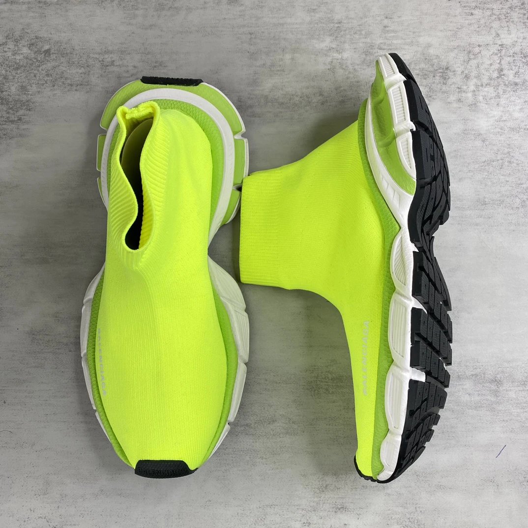 Retro Sock Sneakers Knit High Top Chunky Sole Neon Lime - Gallery Image 3 - Detailed View