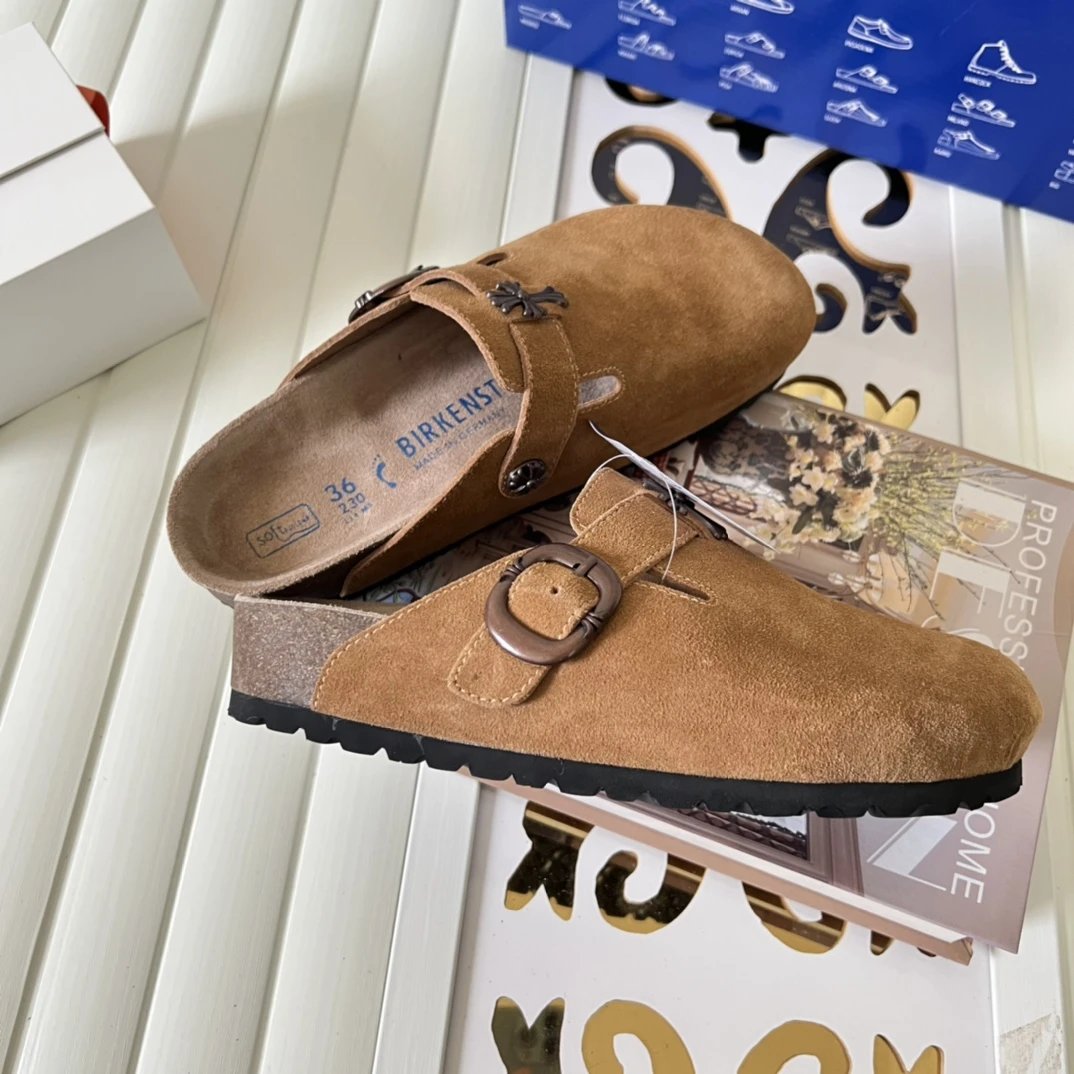 Suede Cross Buckle Closed Toe Clogs Camel Brown - Gallery Image 7 - Detailed View