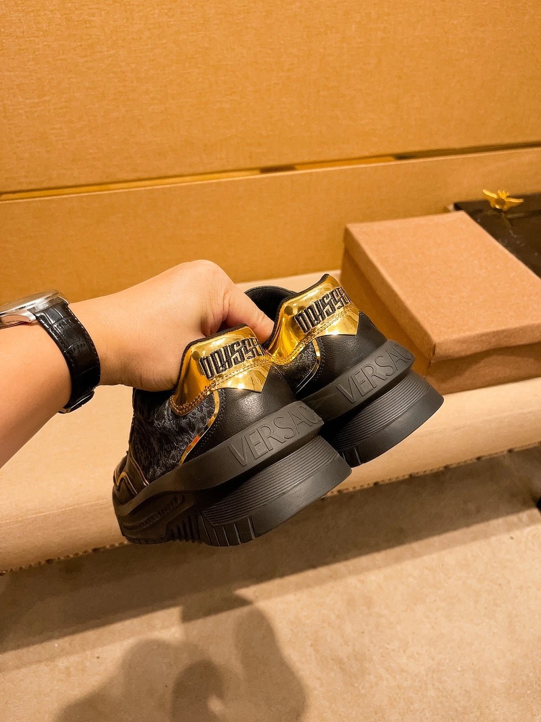 Luxury Leather Sneakers Black Gold - Gallery Image 9 - Detailed View