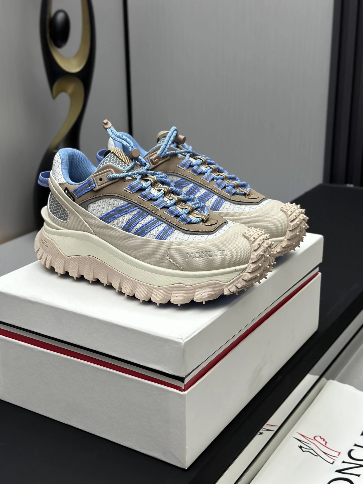 Moncler Trailgrip GTX Beige Sneakers Blue Stripes - Gallery Image 3 - Detailed View