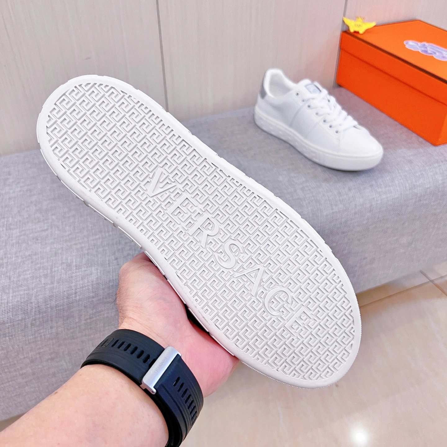 Luxury Leather Low Top Sneakers in Pearl White - Gallery Image 8 - Detailed View