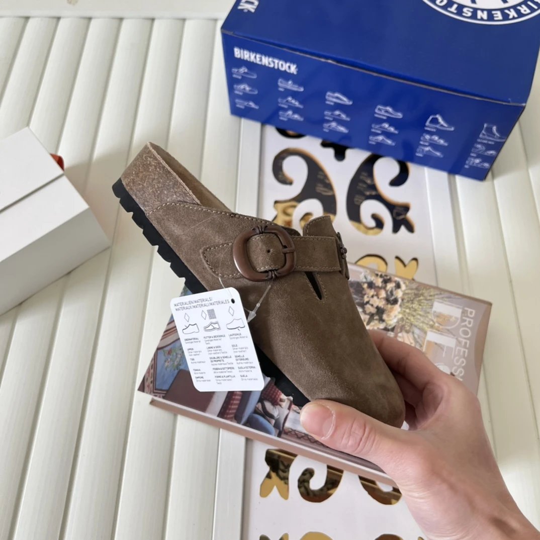 Suede Cross Buckle Closed Toe Clogs Unisex Mocha - Gallery Image 9 - Detailed View