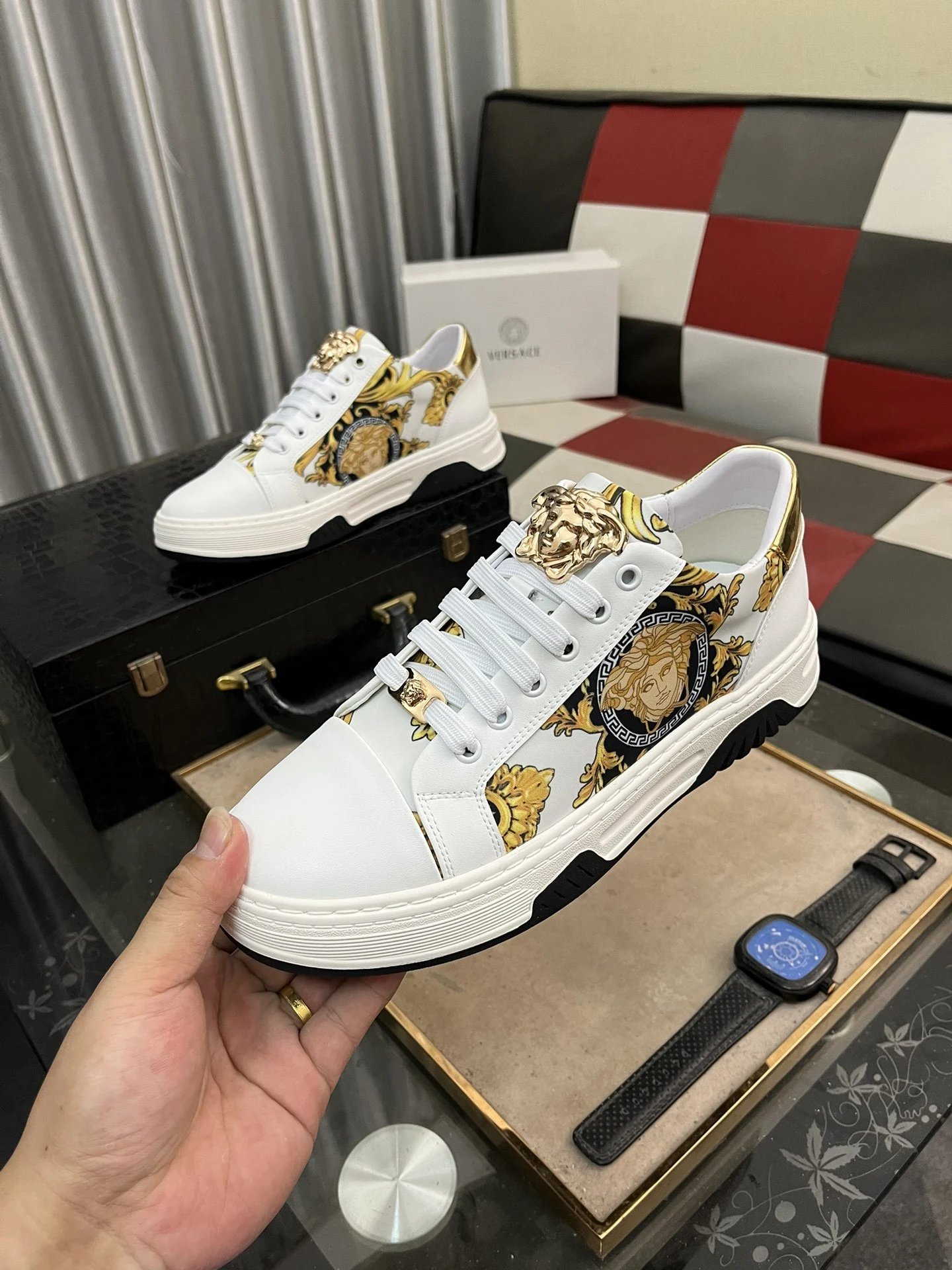 Luxury Leather Low Top Sneakers Baroque White Gold - Gallery Image 5 - Detailed View