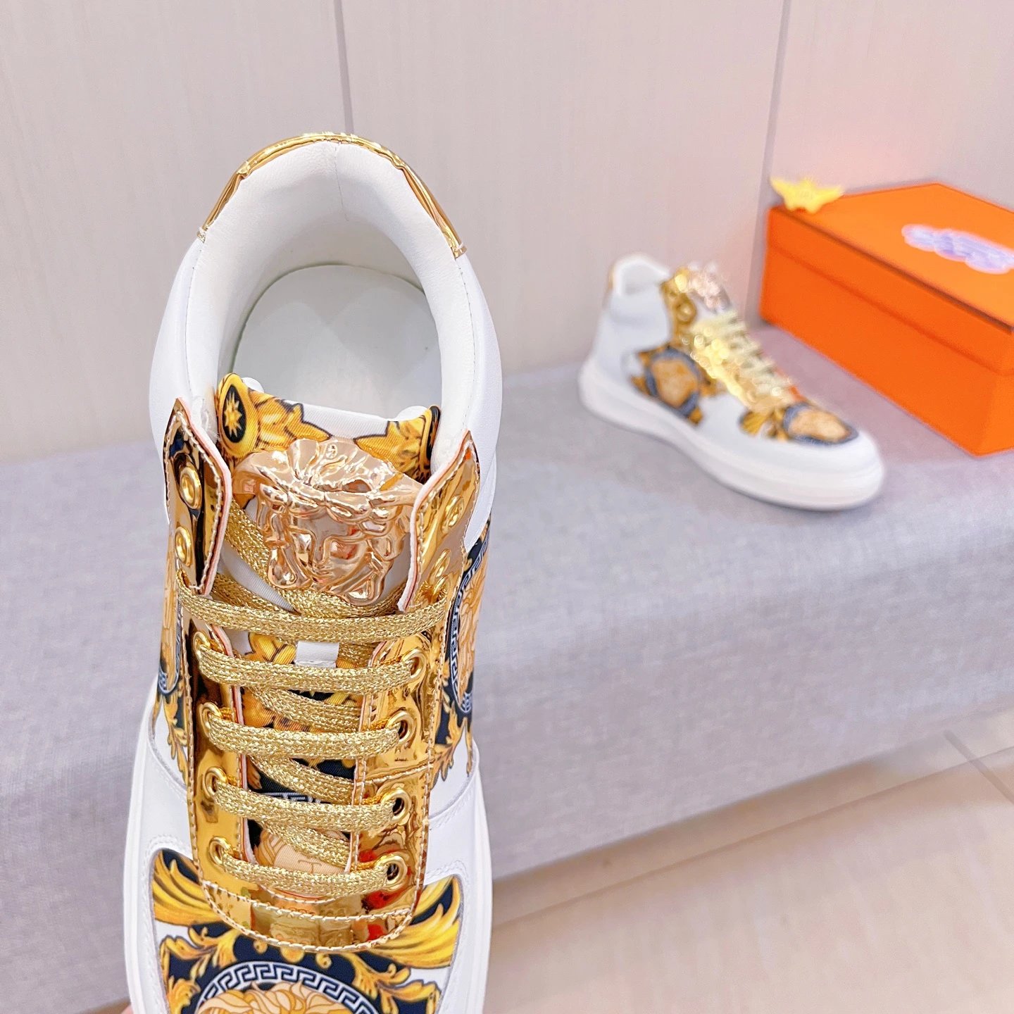 Baroque Leather High Top Sneakers Gold White - Gallery Image 7 - Detailed View