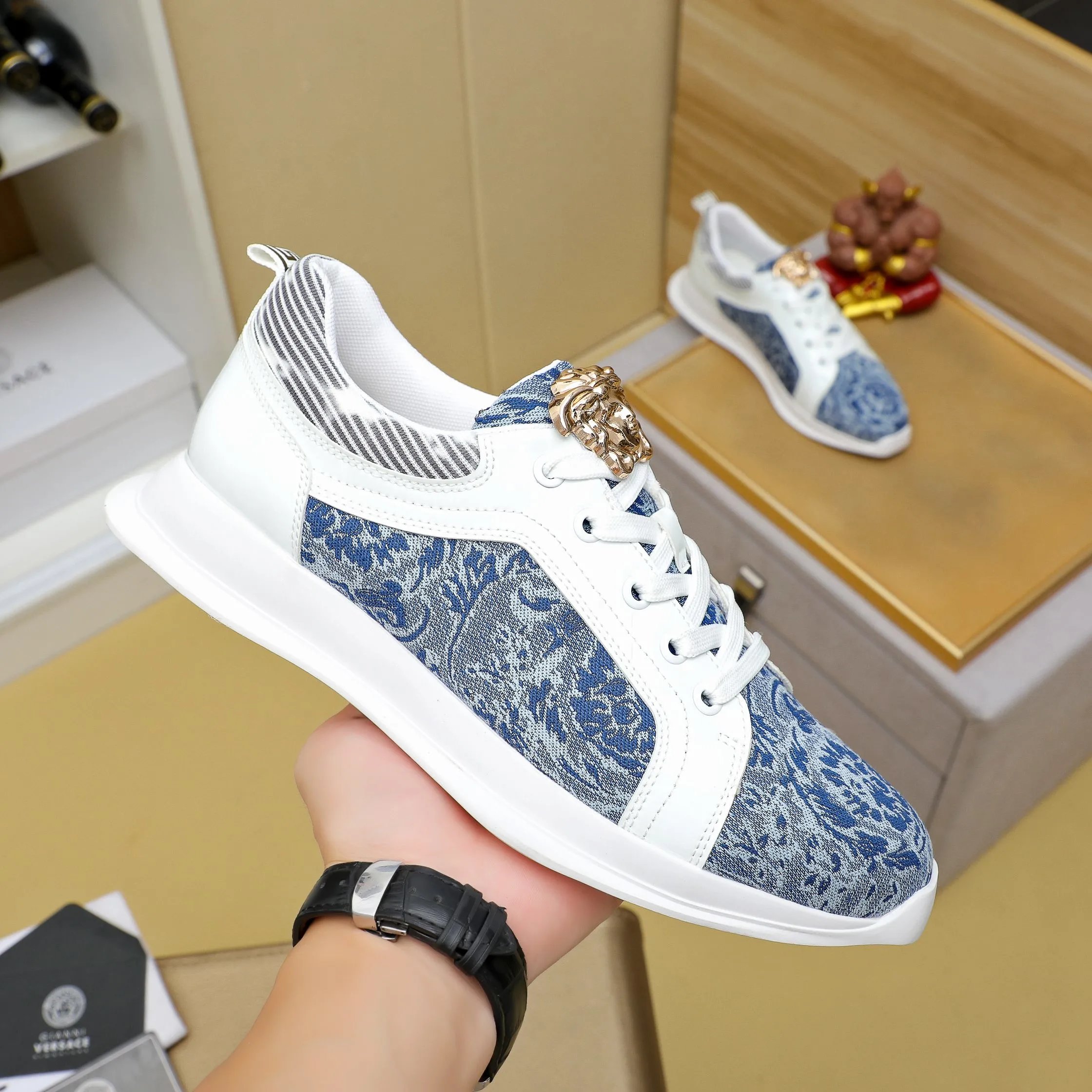 Luxury Jacquard Leather Sneakers Navy White - Gallery Image 4 - Detailed View