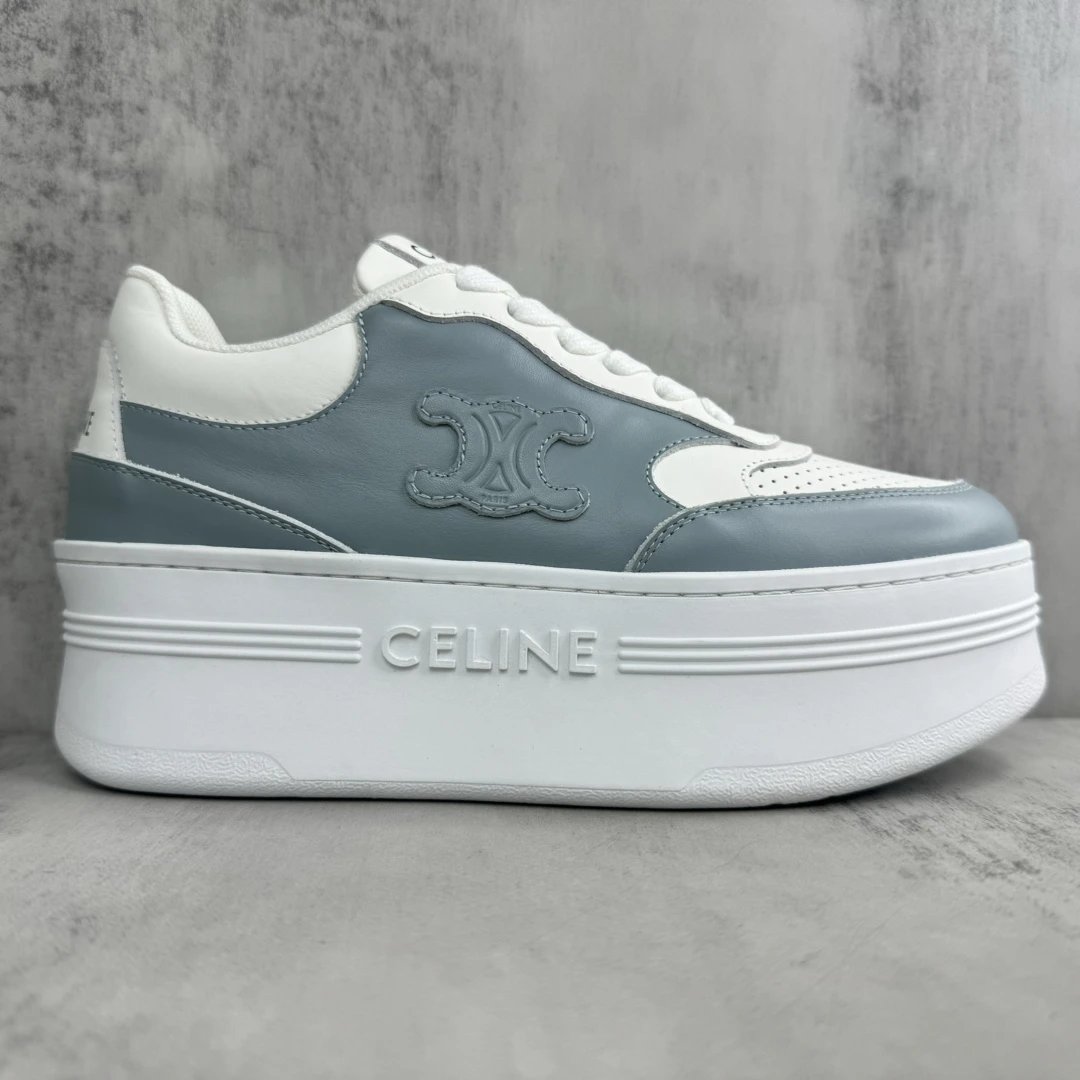 Platform Leather Sneakers Low Top Breathable White Blue - Gallery Image 6 - Detailed View
