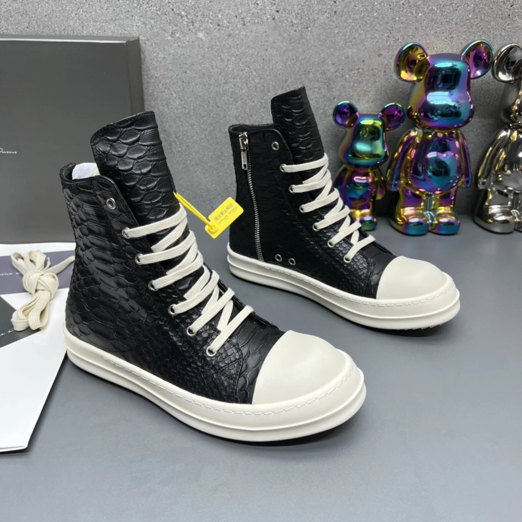 Rick Owens High-Top Embossed Leather Sneakers Black - Gallery Image 3 - Detailed View