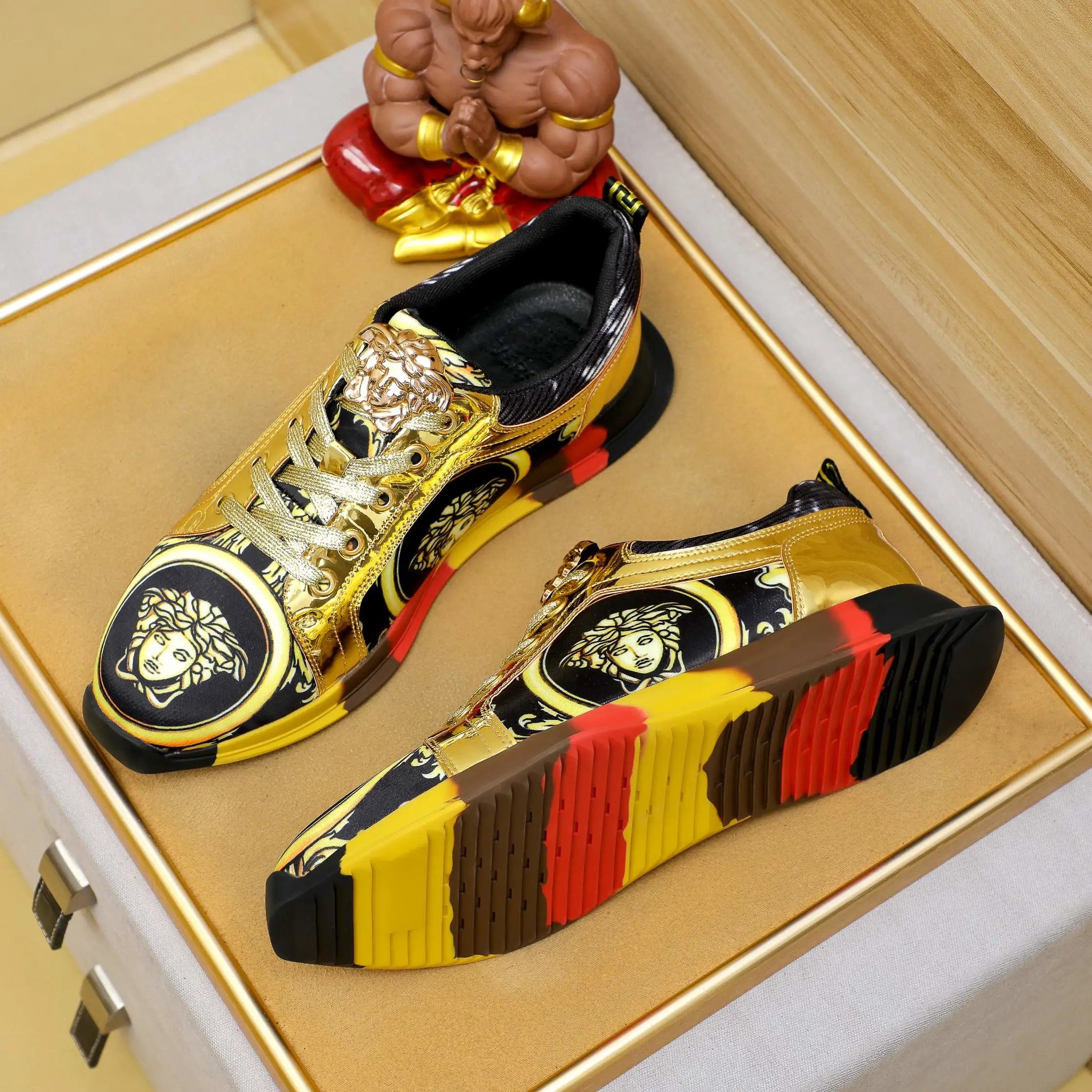 Luxury Mixed Material Sneakers Gold Black - Gallery Image 5 - Detailed View