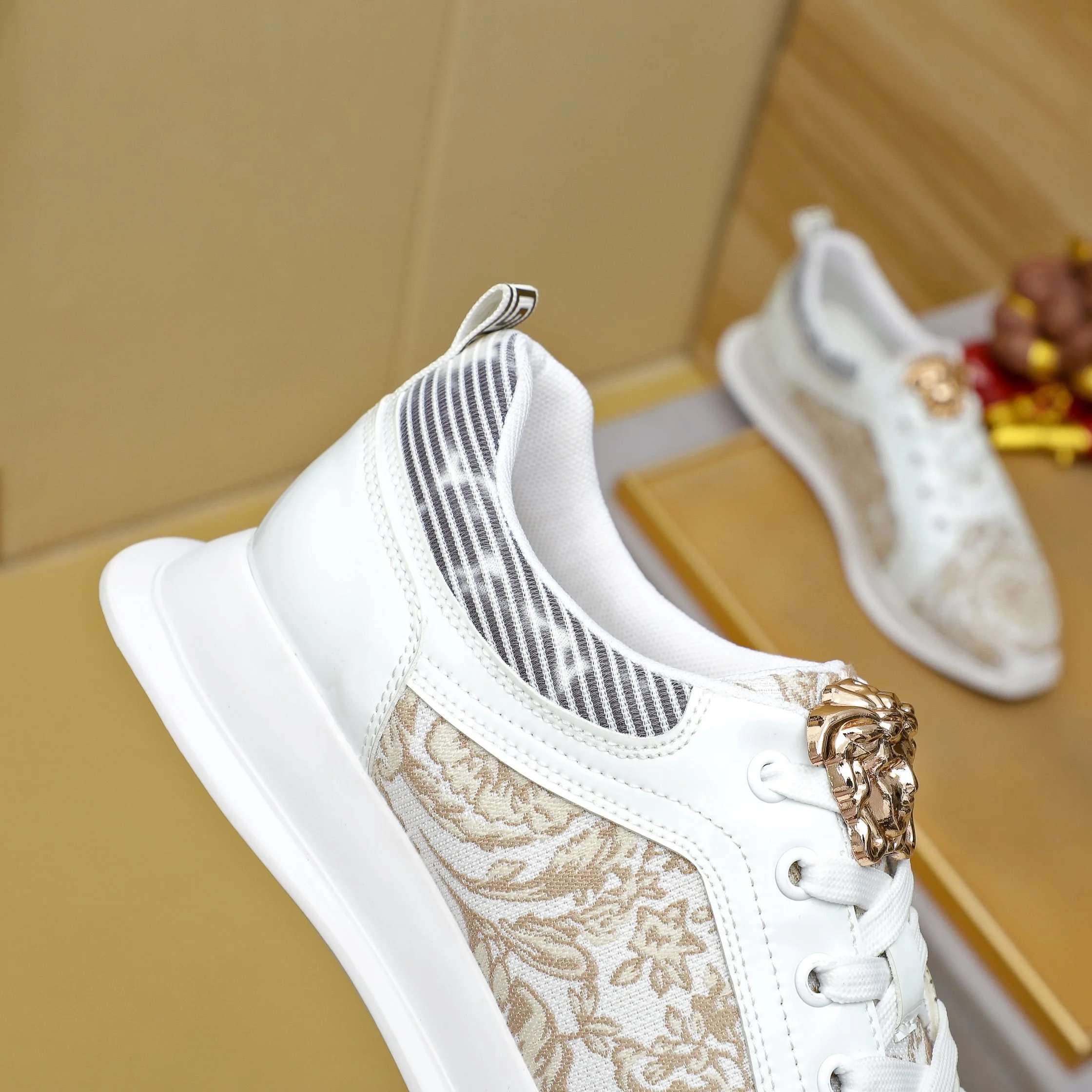 Luxury Jacquard Leather Sneakers for Men Ivory Beige - Gallery Image 7 - Detailed View