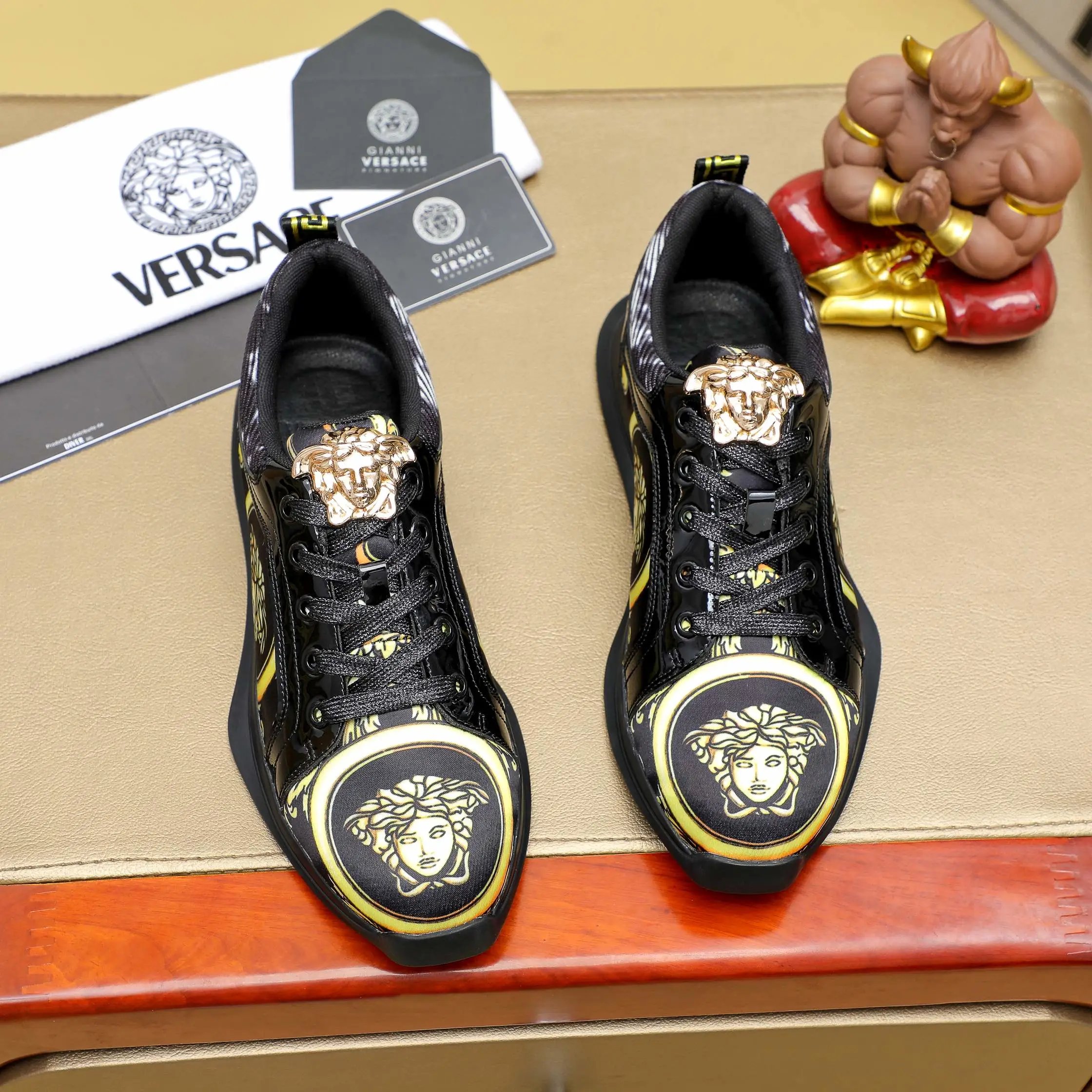 Luxury Leather Low Top Sneakers Baroque Black Gold - Gallery Image 2 - Detailed View