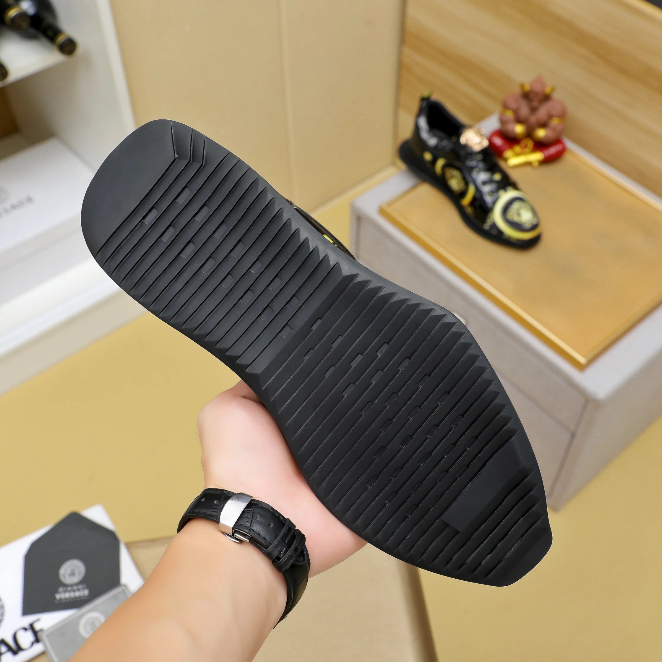 Luxury Leather Low Top Sneakers Baroque Black Gold - Gallery Image 9 - Detailed View