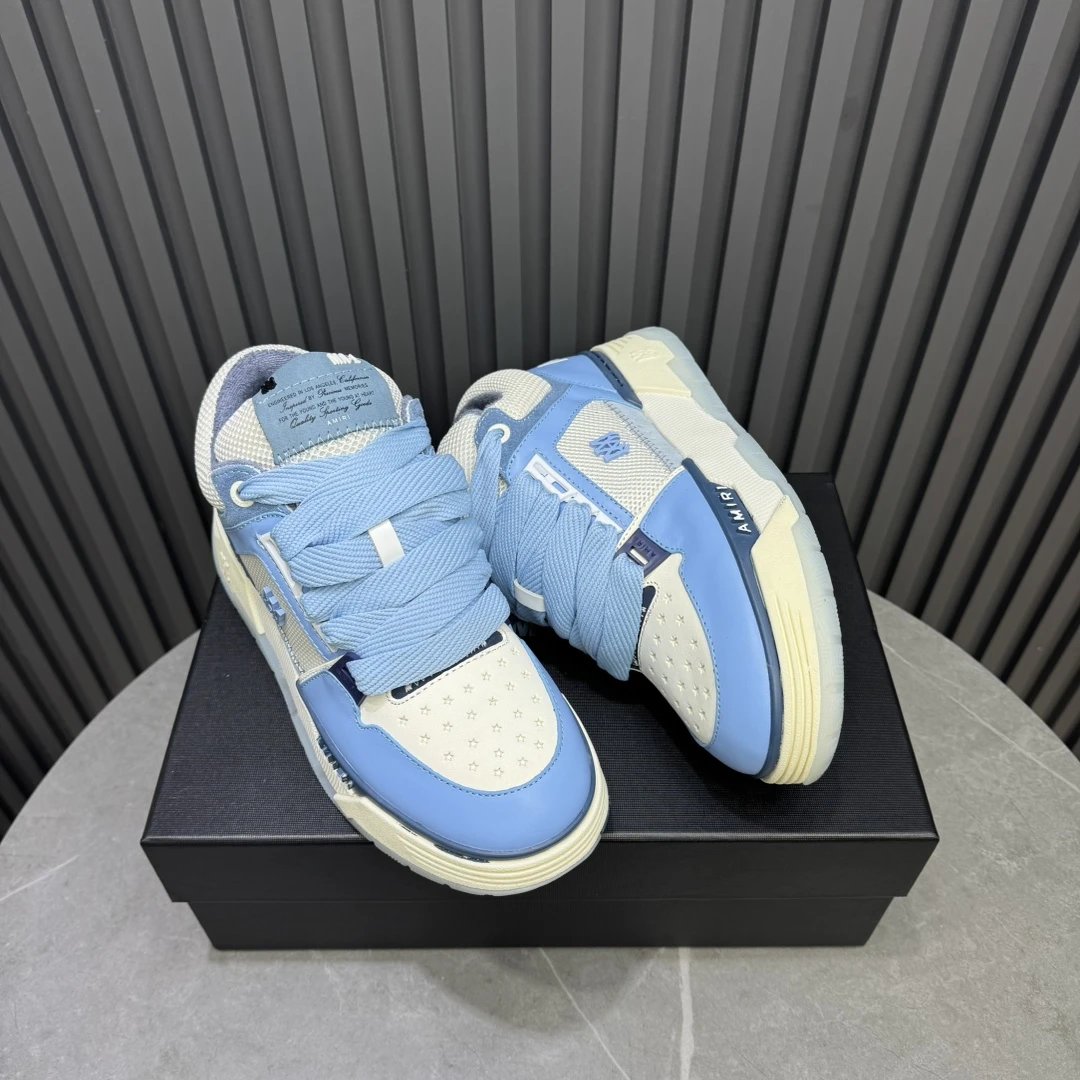 Unisex Leather Mesh Low Top Sneakers Cream Blue - Gallery Image 5 - Detailed View