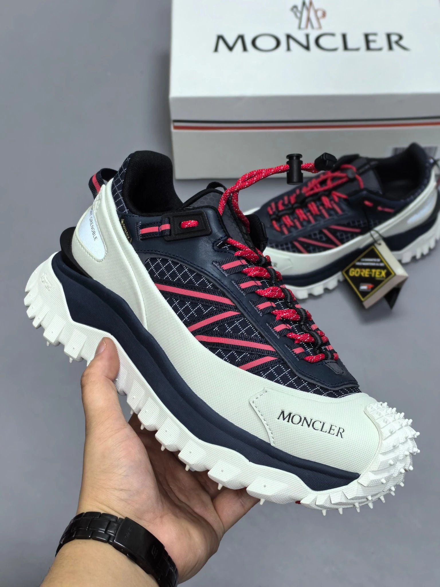 Moncler Trailgrip GTX Rubber White Black Sneakers Red Stripes - Gallery Image 2 - Detailed View