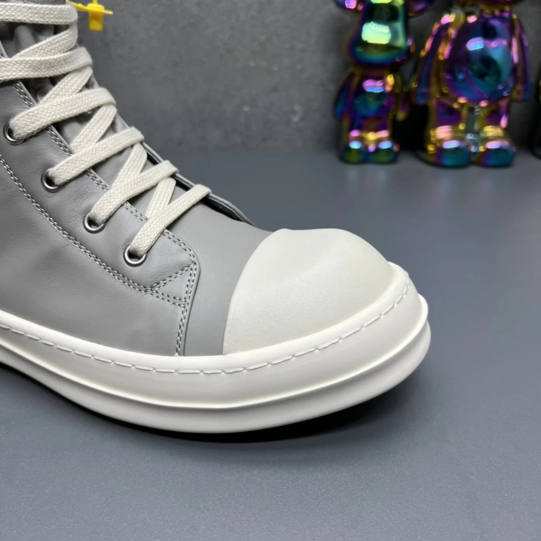 Rick Owens Leather High-Top Sneakers Grey - Gallery Image 2 - Detailed View