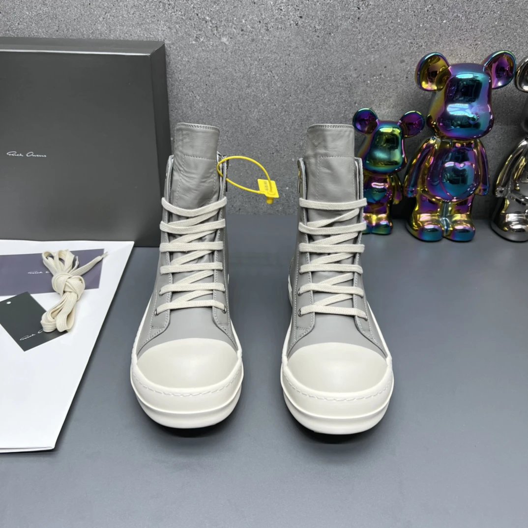 Rick Owens Leather High-Top Sneakers Grey - Gallery Image 7 - Detailed View