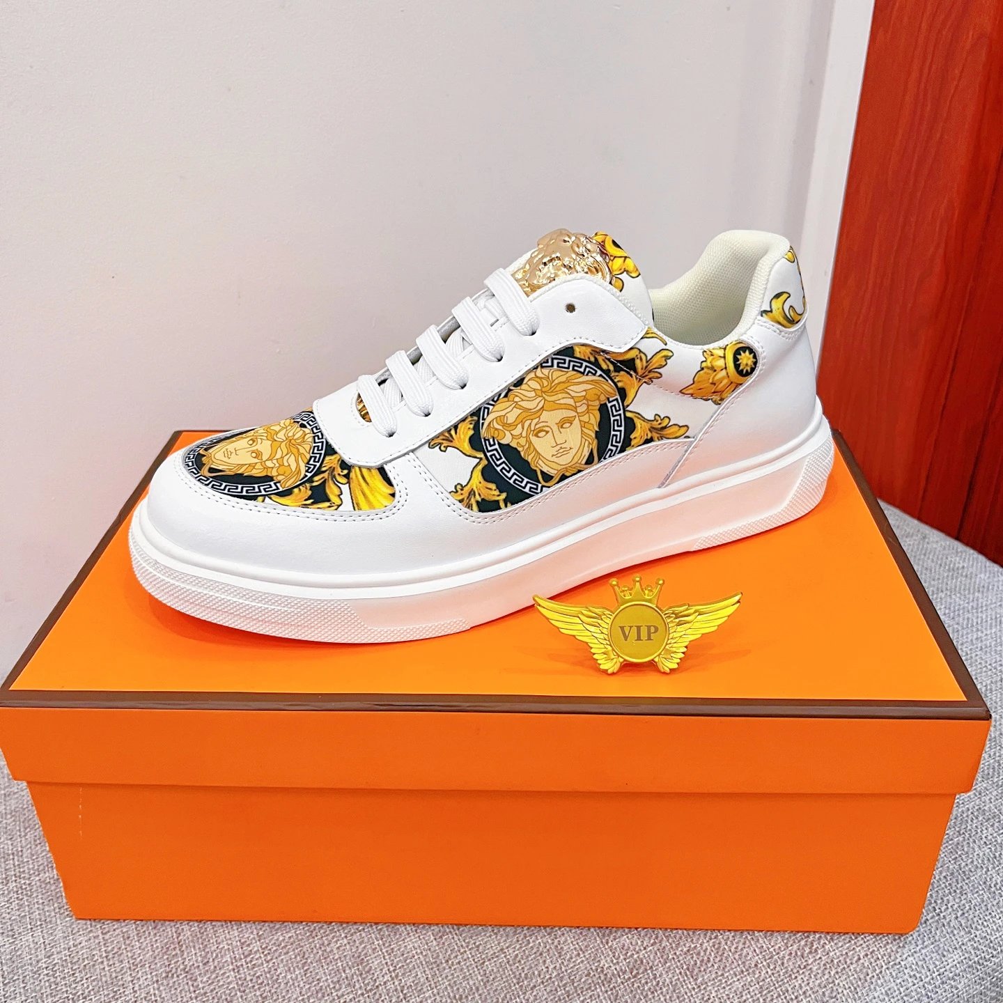 Luxury Leather Low Top Sneakers Baroque Gold White - Gallery Image 5 - Detailed View