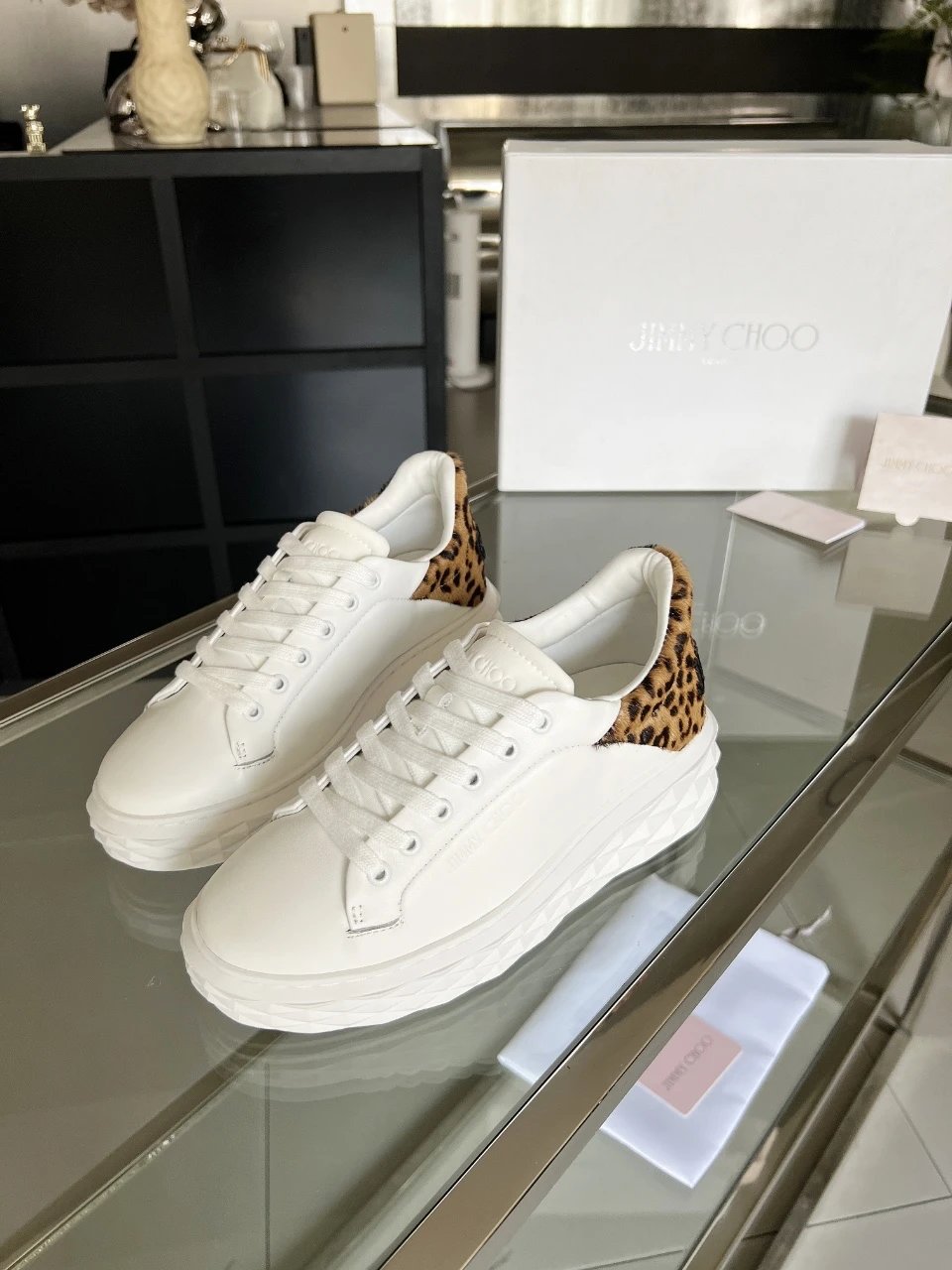 Jimmy Choo Leopard Print Diamond Sneakers - Gallery Image 2 - Detailed View