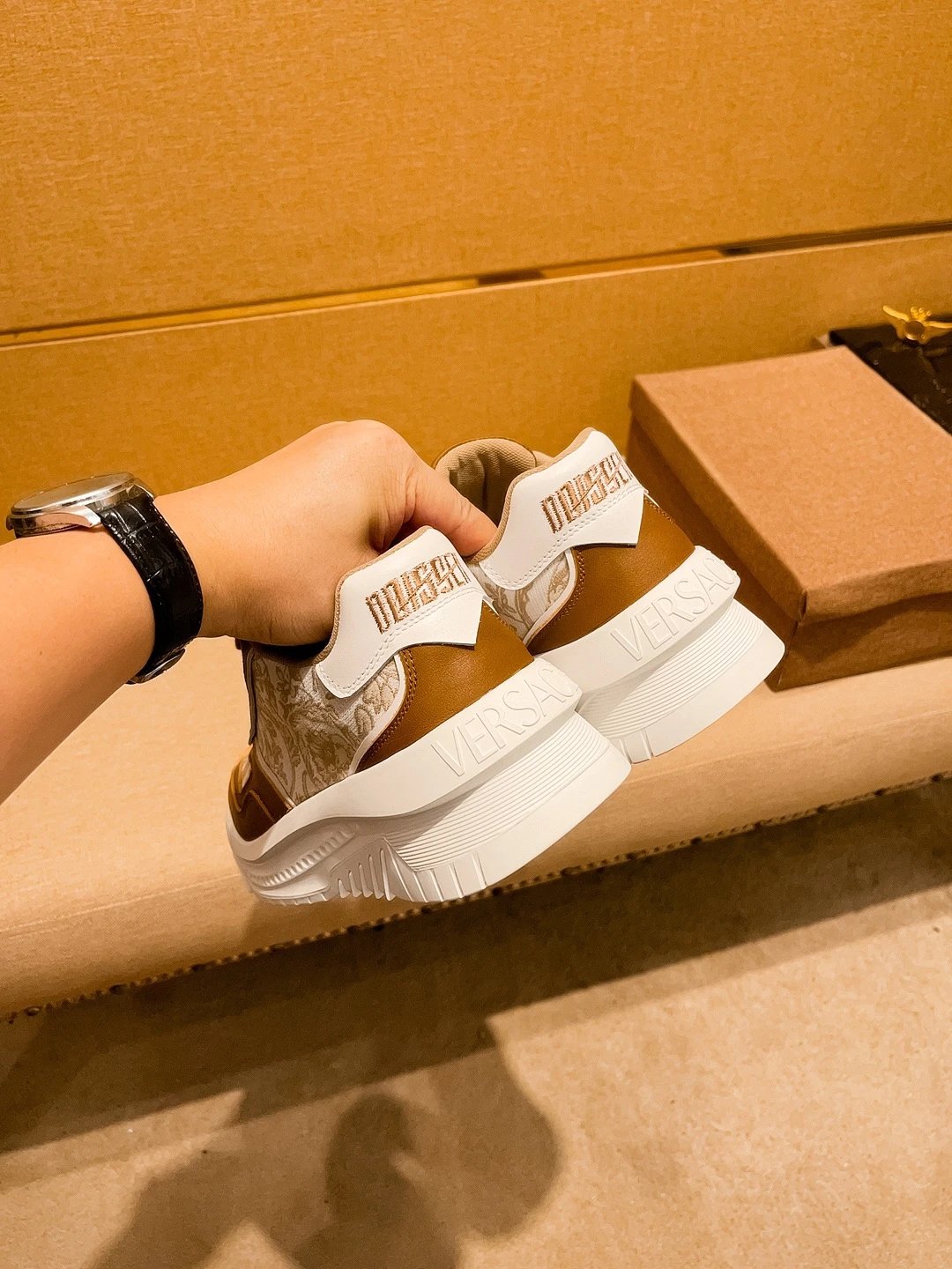 Luxury Leather Sneakers Baroque Camel - Gallery Image 9 - Detailed View