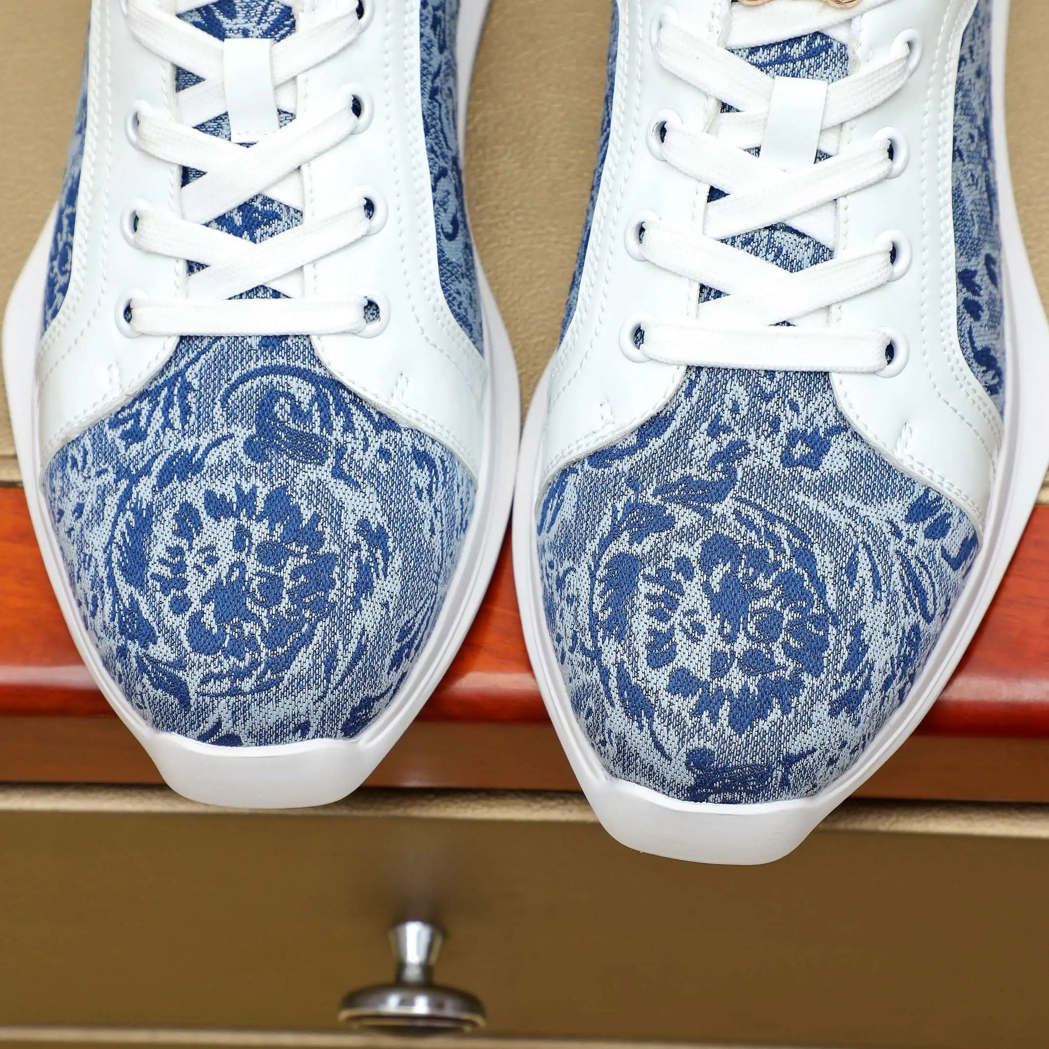 Luxury Jacquard Leather Sneakers Navy White - Gallery Image 6 - Detailed View