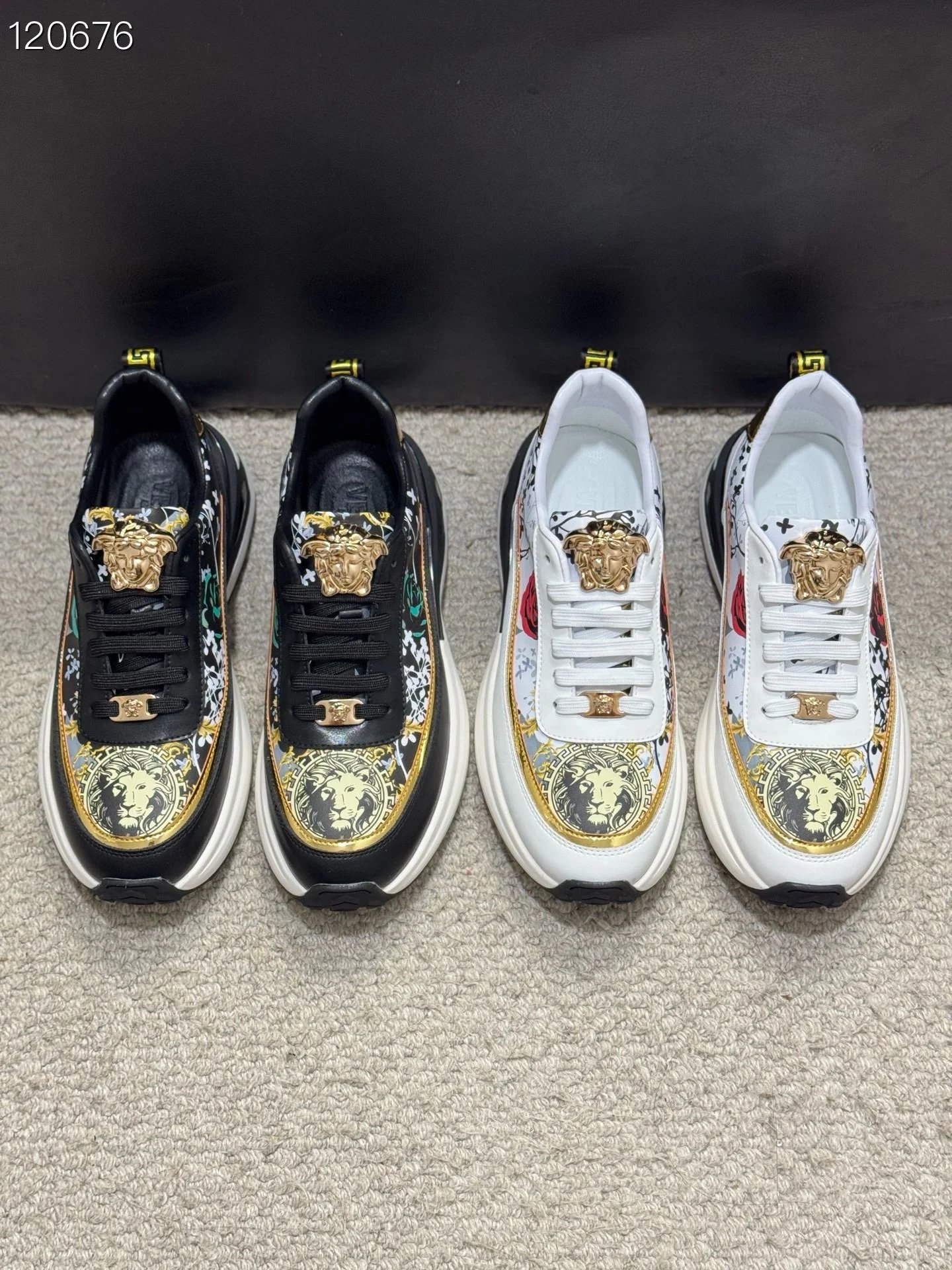 Luxury Leather Medusa Sneakers Black Gold - Gallery Image 8 - Detailed View