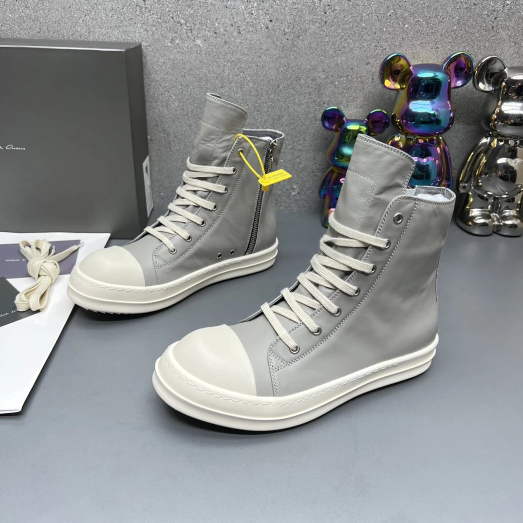 Rick Owens Leather High-Top Sneakers Grey - Gallery Image 3 - Detailed View