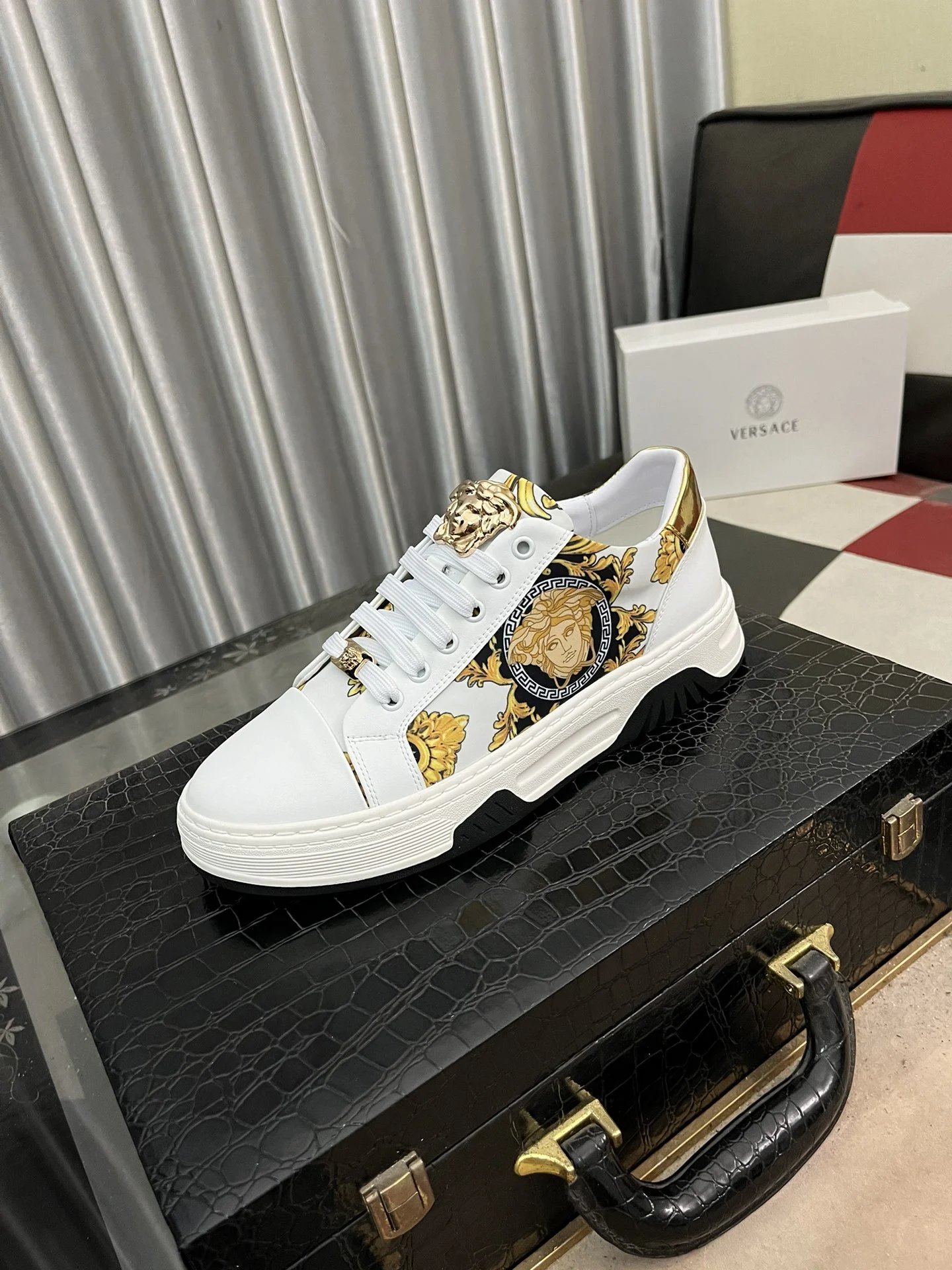 Luxury Leather Low Top Sneakers Baroque White Gold - Gallery Image 1 - Detailed View