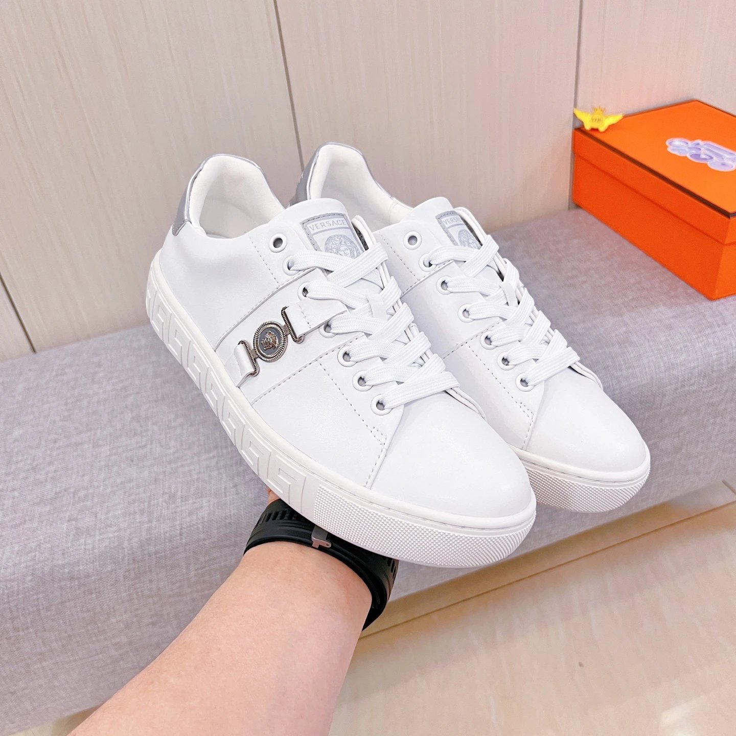 Luxury Leather Low Top Sneakers in Pearl White - Gallery Image 5 - Detailed View