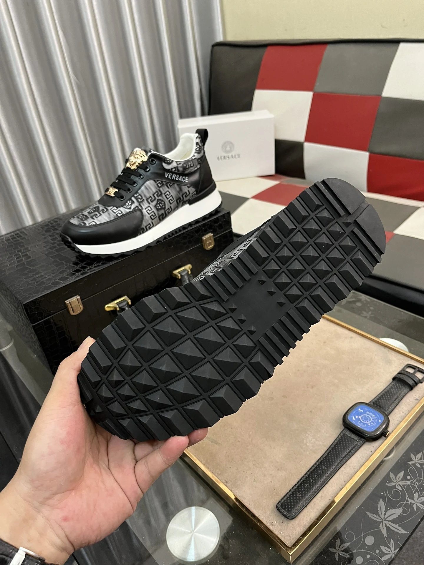 Luxury Leather Sneakers Greek Key Black - Gallery Image 9 - Detailed View