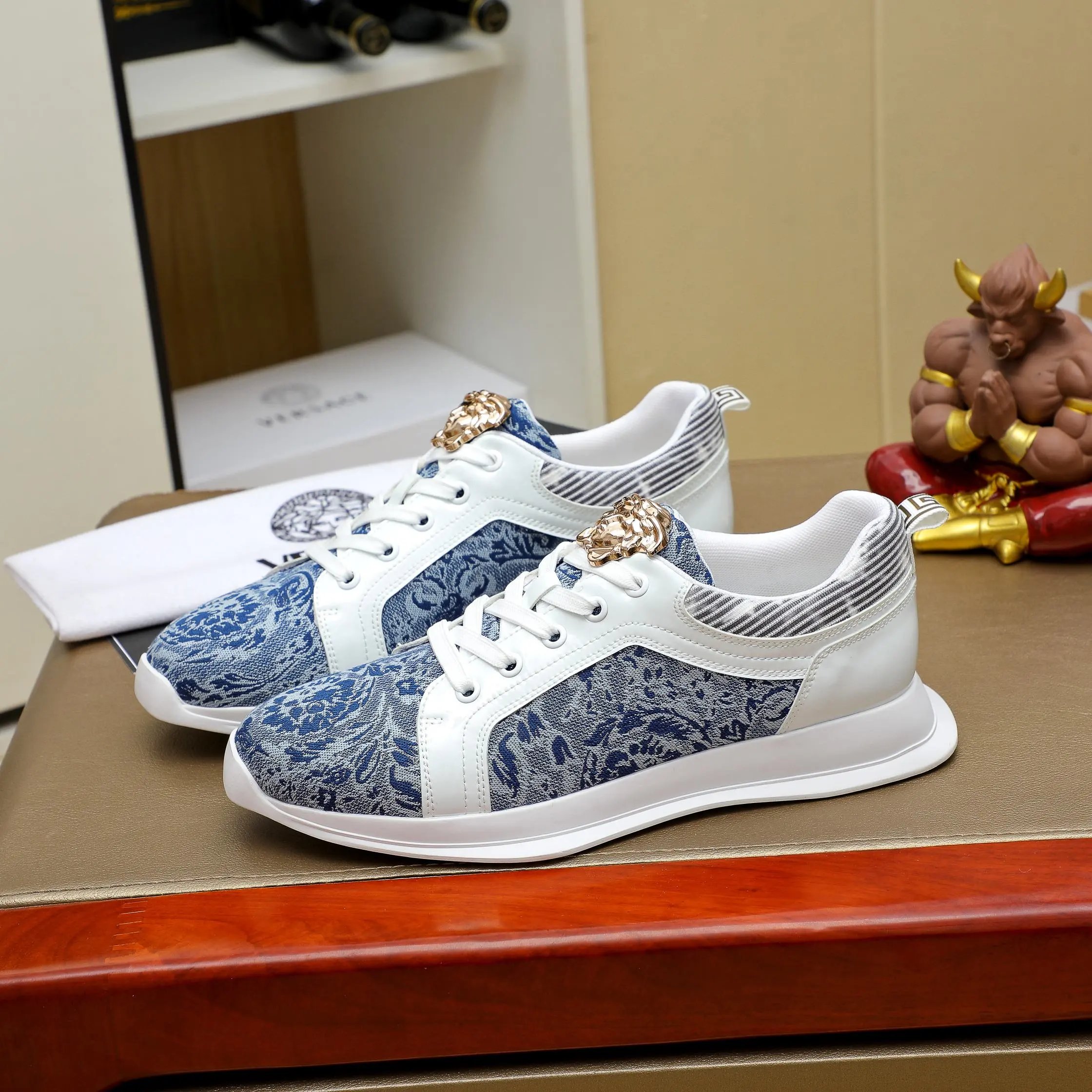 Luxury Jacquard Leather Sneakers Navy White - Gallery Image 3 - Detailed View