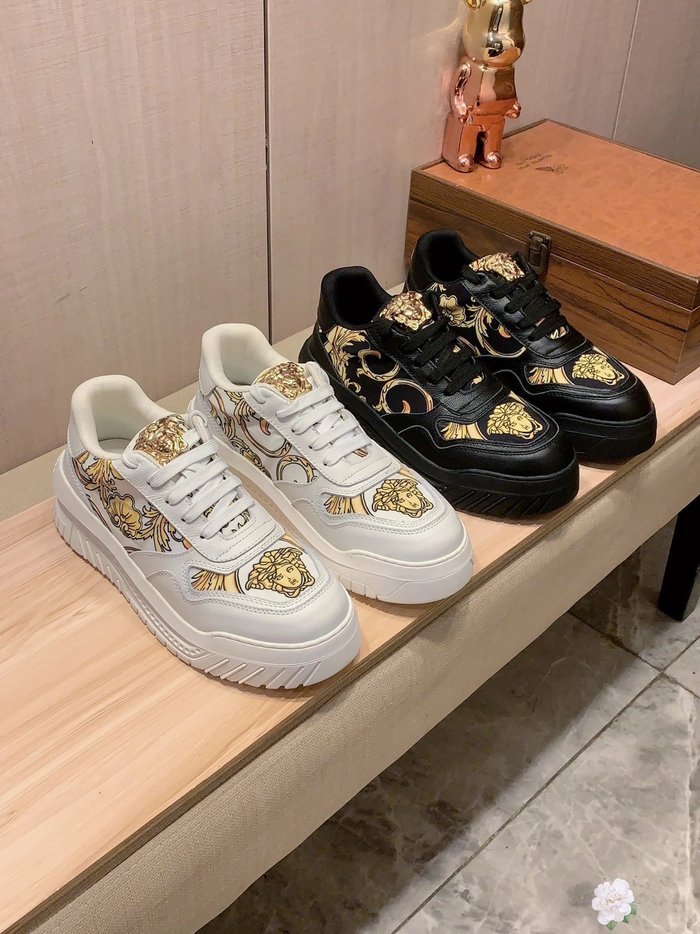 Baroque Leather Low Top Sneakers with Gold Accents Black - Gallery Image 2 - Detailed View