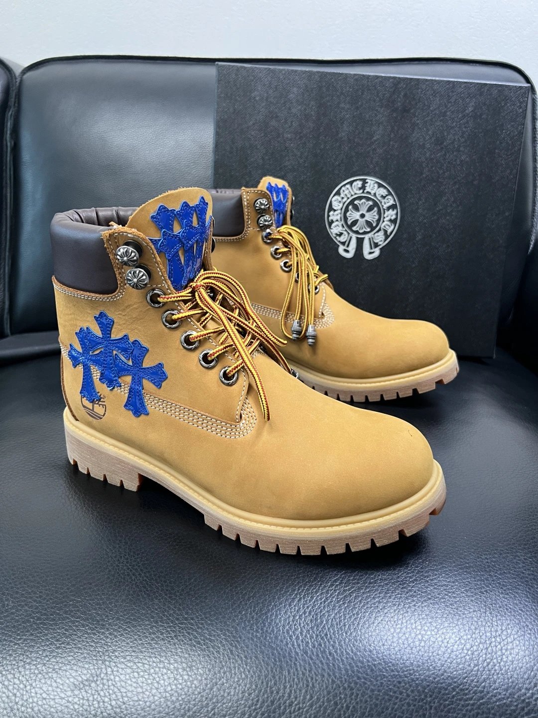 Luxury Leather Work Boots Amber with Royal Blue Cross - Gallery Image 1 - Detailed View