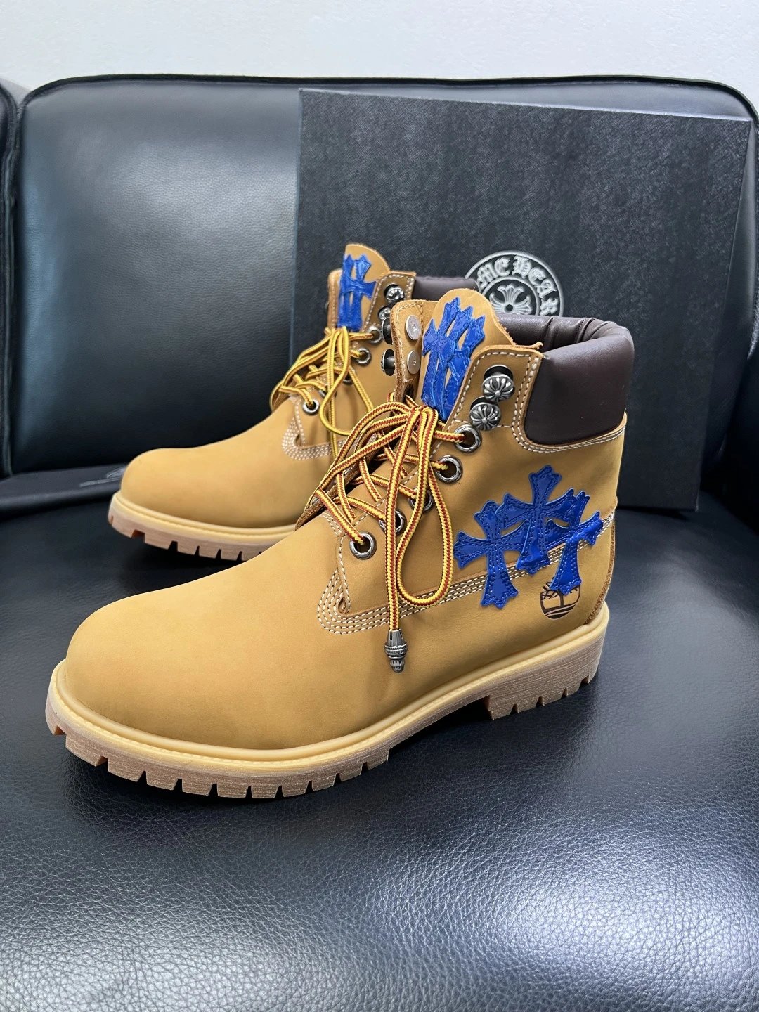 Luxury Leather Work Boots Amber with Royal Blue Cross - Gallery Image 2 - Detailed View