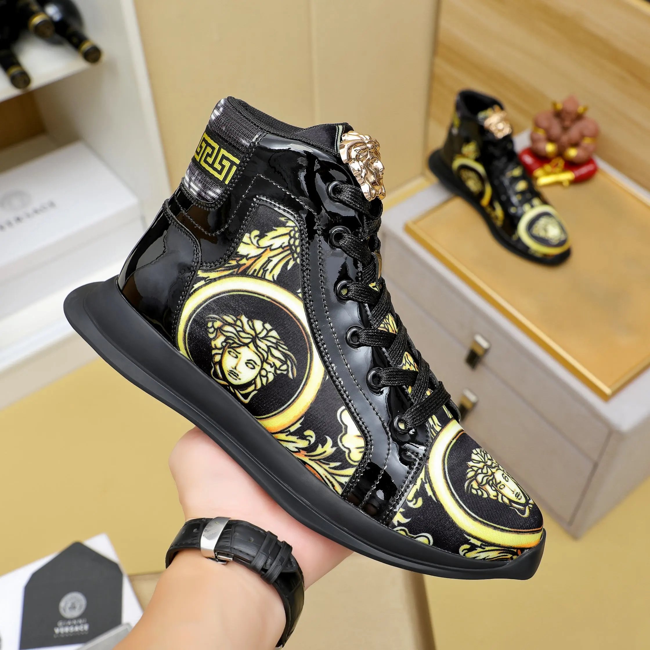 Luxury High Top Leather Sneakers Baroque Black Gold - Gallery Image 3 - Detailed View