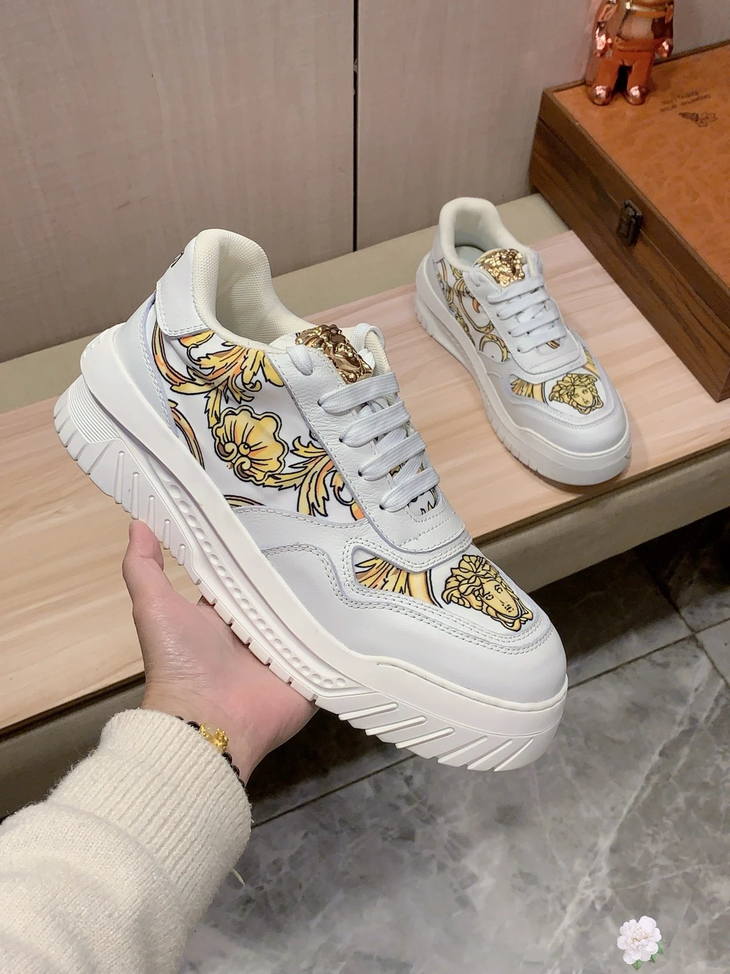 Baroque Leather Sneakers Ivory Gold - Gallery Image 8 - Detailed View