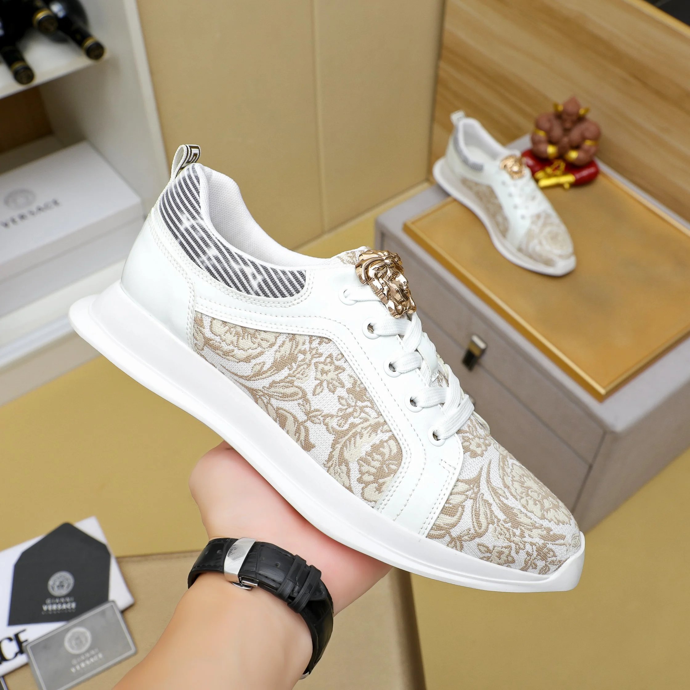 Luxury Jacquard Leather Sneakers for Men Ivory Beige - Gallery Image 4 - Detailed View