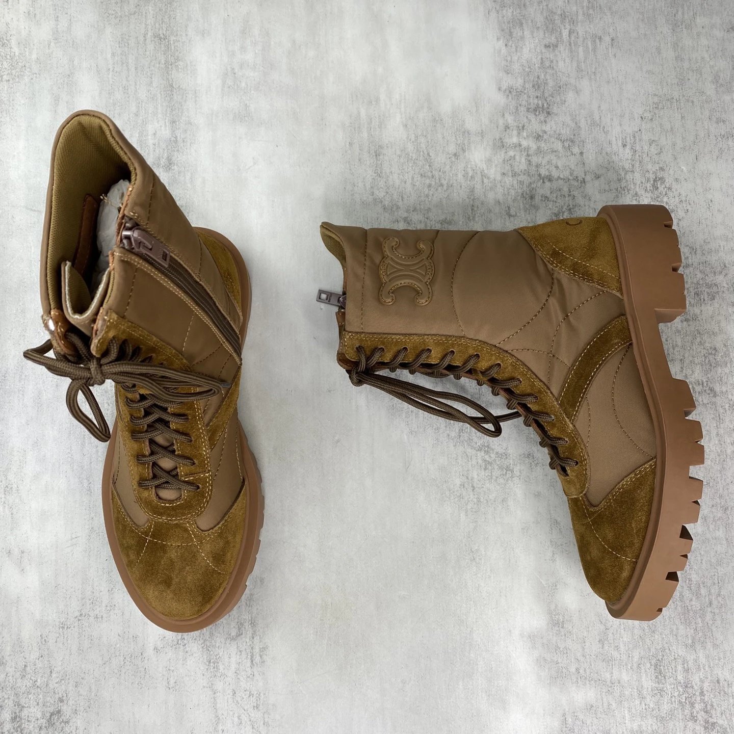 Vintage Calfskin Combat Boots with Arch Logo in Caramel - Gallery Image 3 - Detailed View