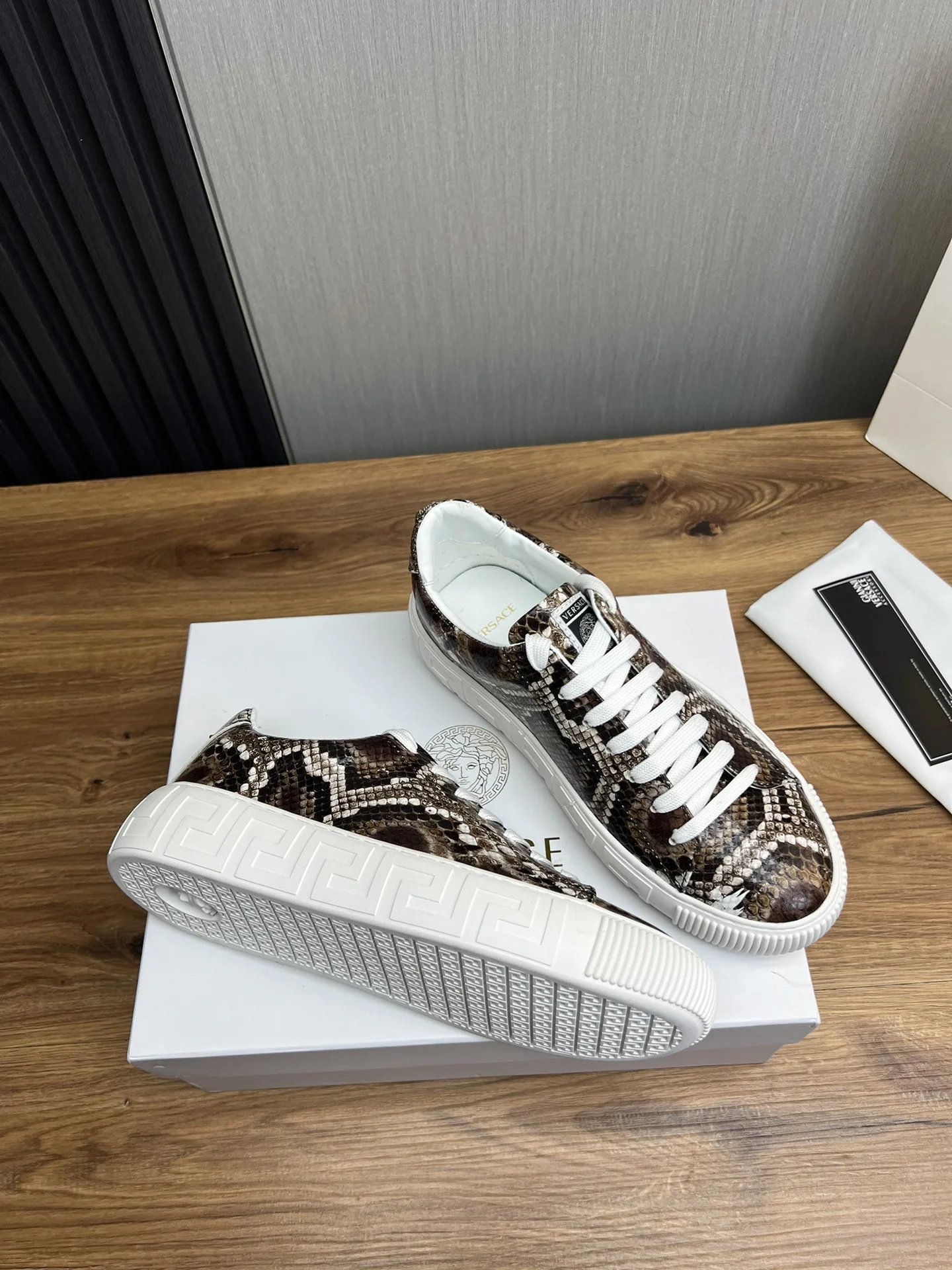 Luxury Snake Print Leather Sneakers Ivory - Gallery Image 6 - Detailed View
