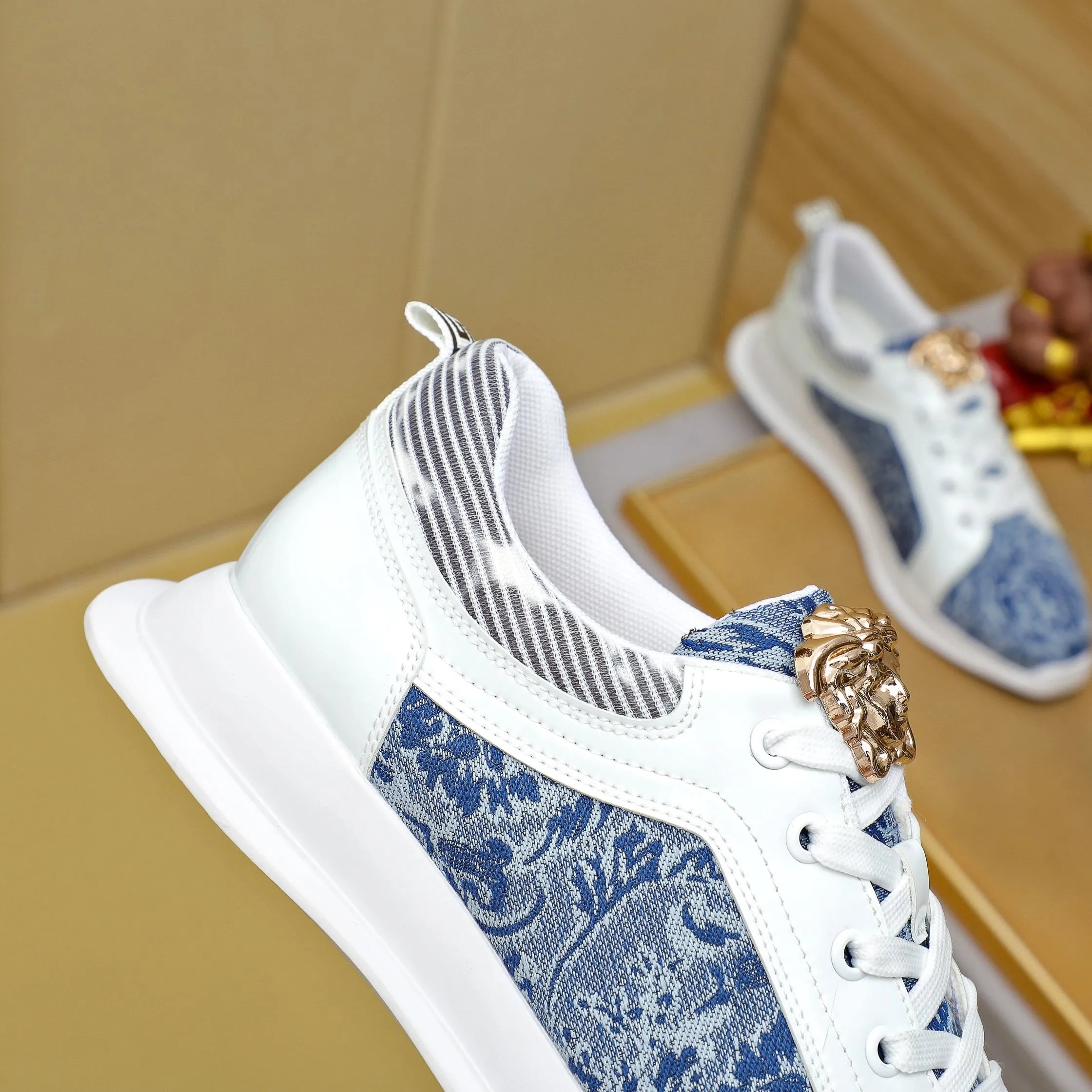 Luxury Jacquard Leather Sneakers Navy White - Gallery Image 7 - Detailed View