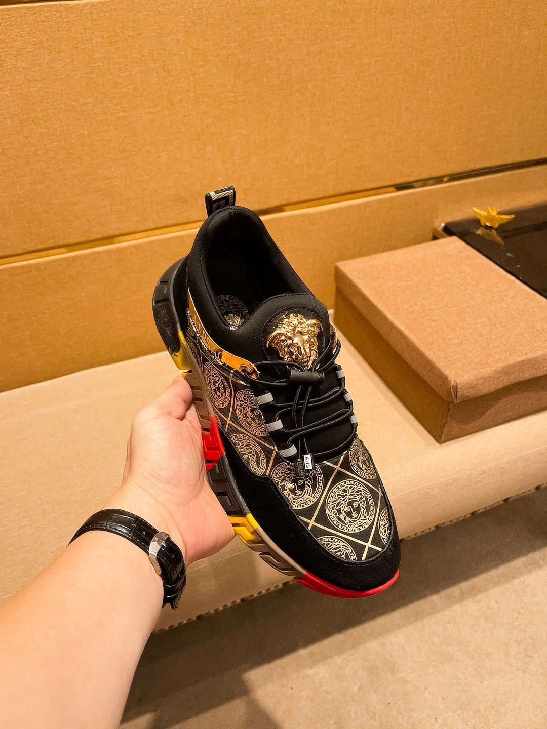 Baroque Leather Sneakers Black Gold Red - Gallery Image 7 - Detailed View