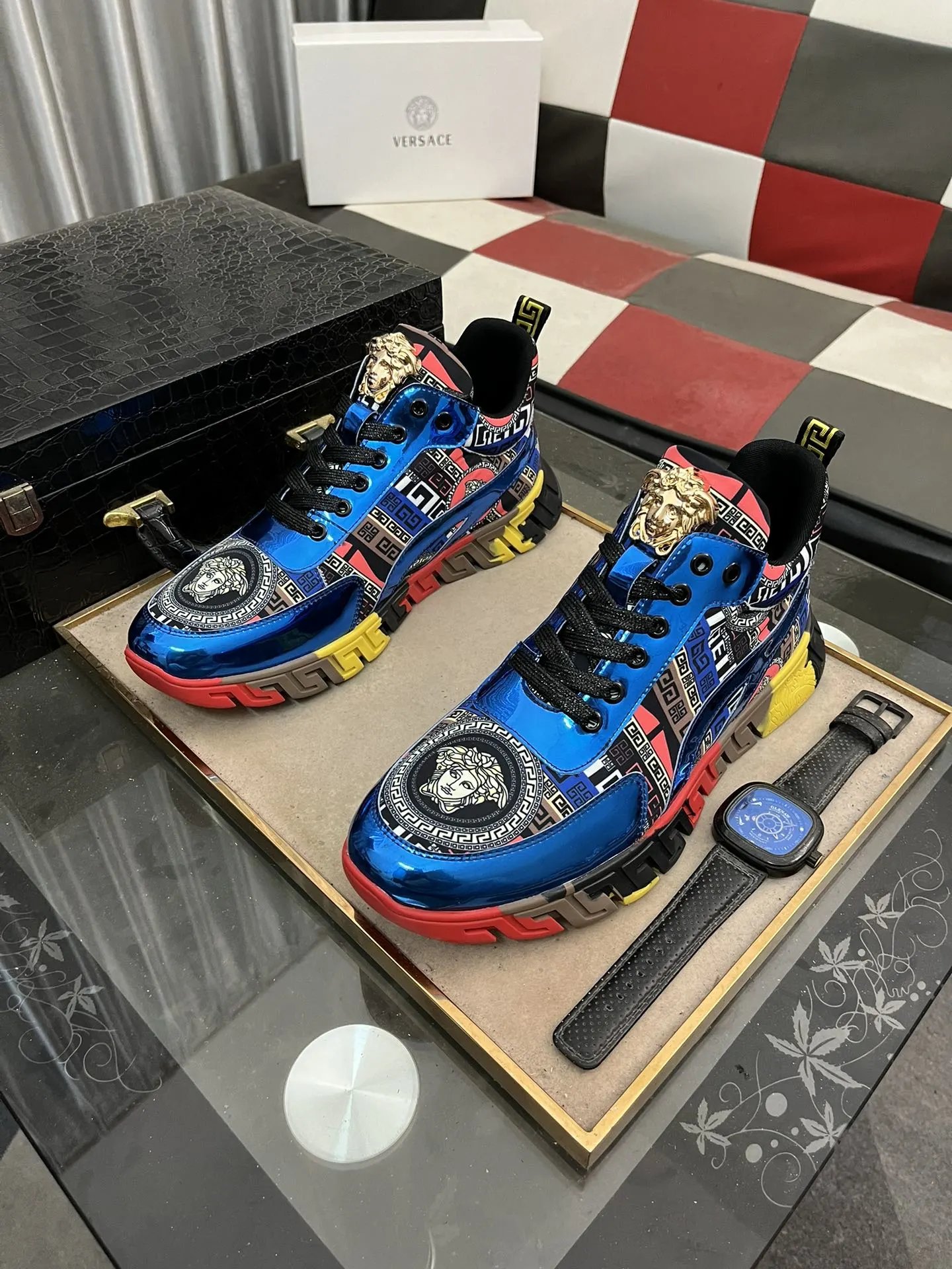 Luxury Leather Sneakers Multi-Color Blue - Gallery Image 2 - Detailed View