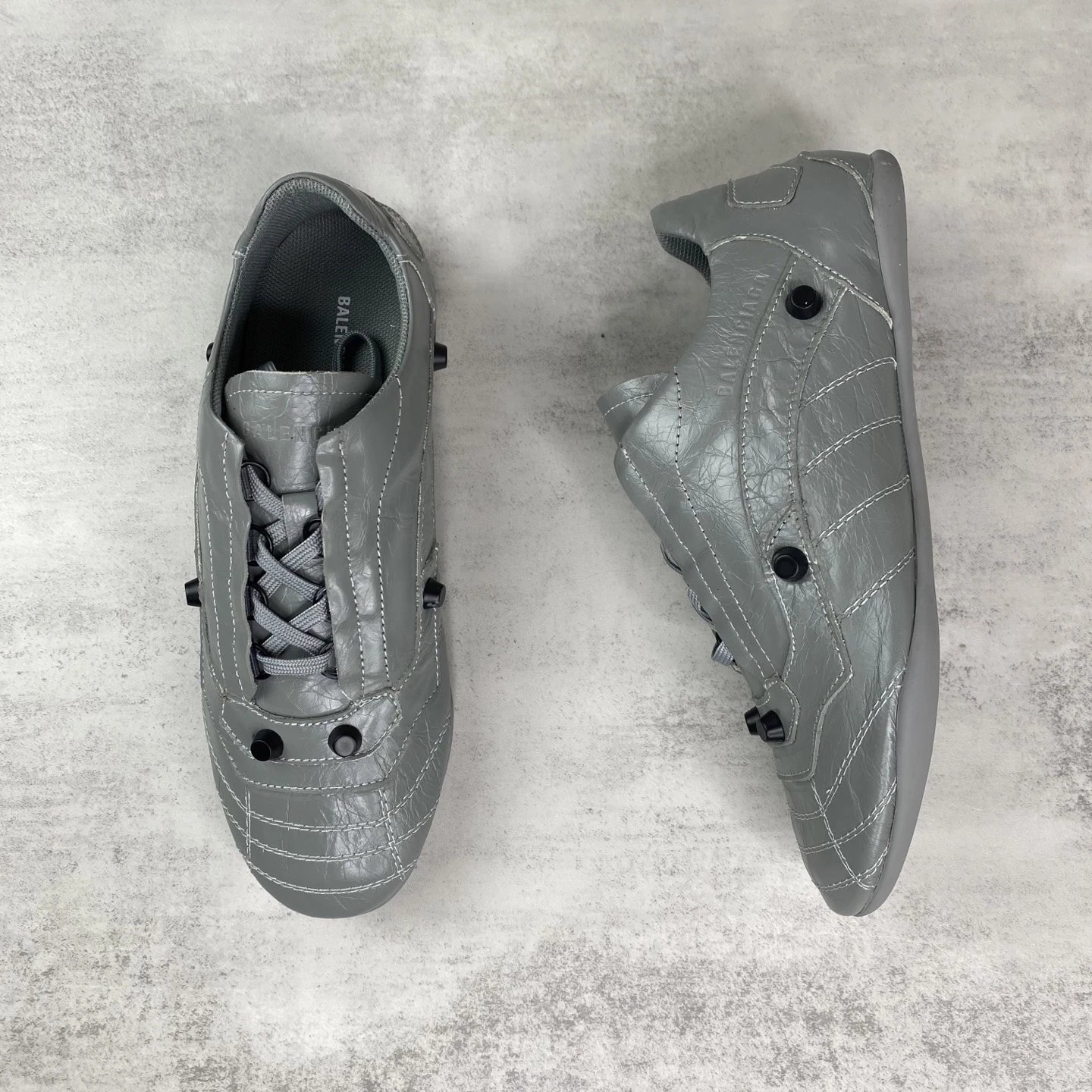 Punk Leather Lace-Up Sneakers with Studs Steel Gray - Gallery Image 3 - Detailed View