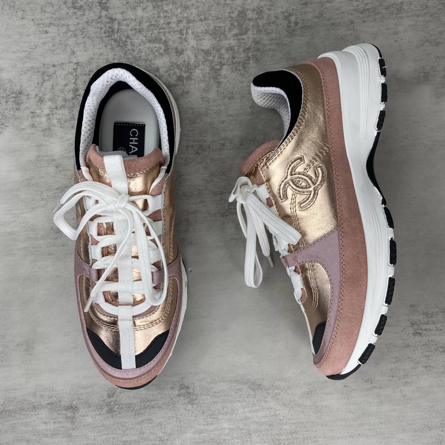 Luxury Leather Mesh Trainers with Metallic Rose Gold - Gallery Image 3 - Detailed View