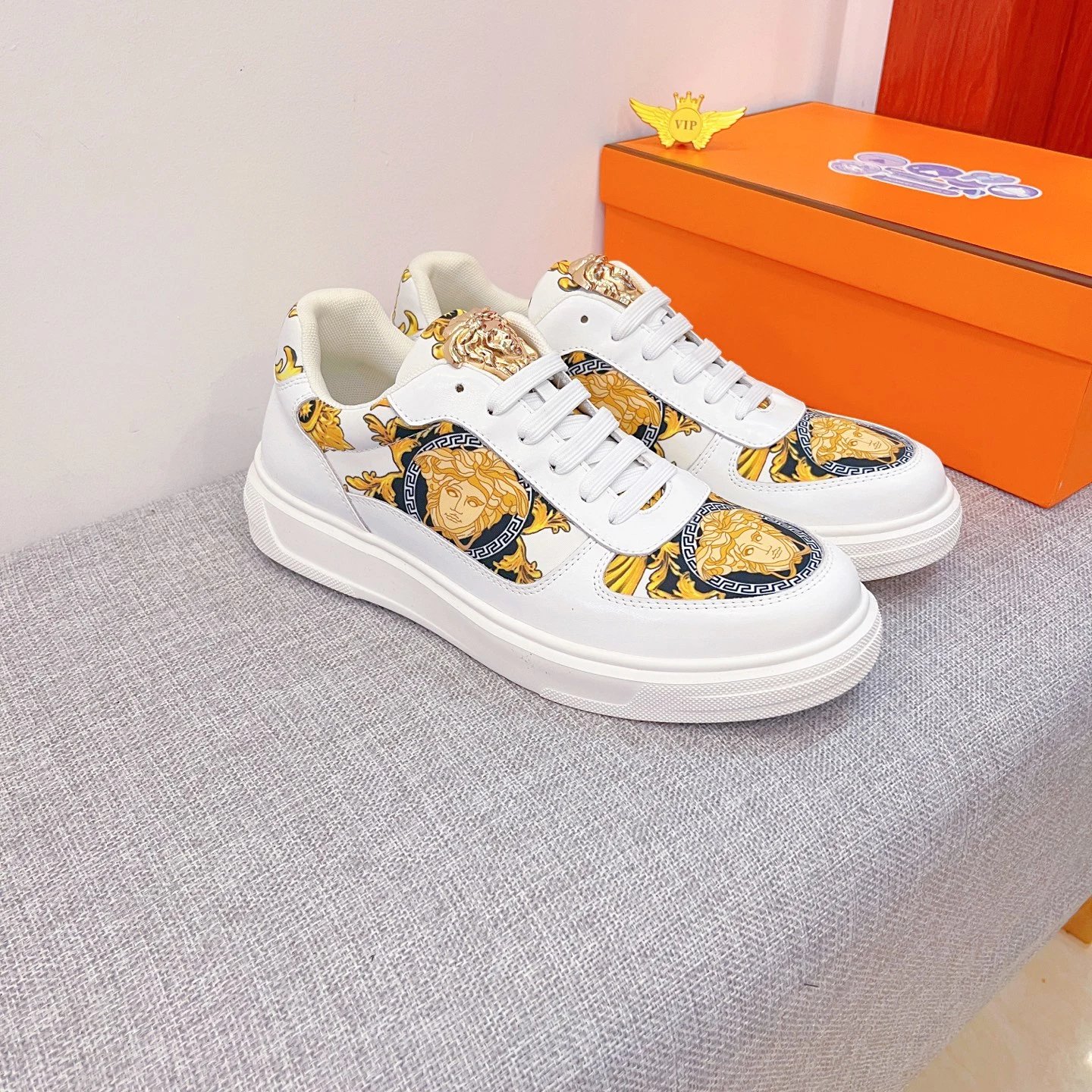 Luxury Leather Low Top Sneakers Baroque Gold White - Gallery Image 1 - Detailed View