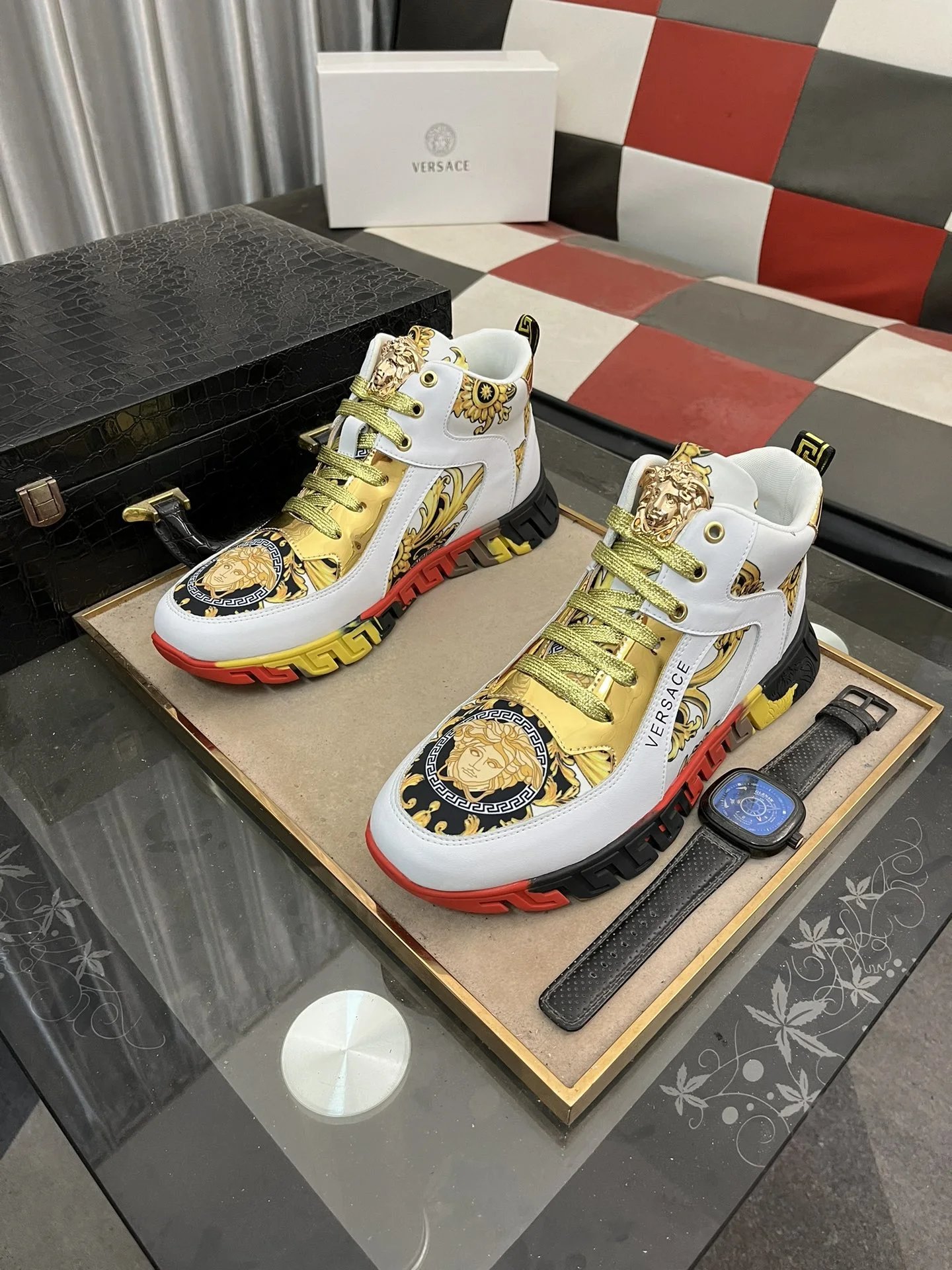 Luxury Leather High Top Sneakers Baroque Gold - Gallery Image 2 - Detailed View