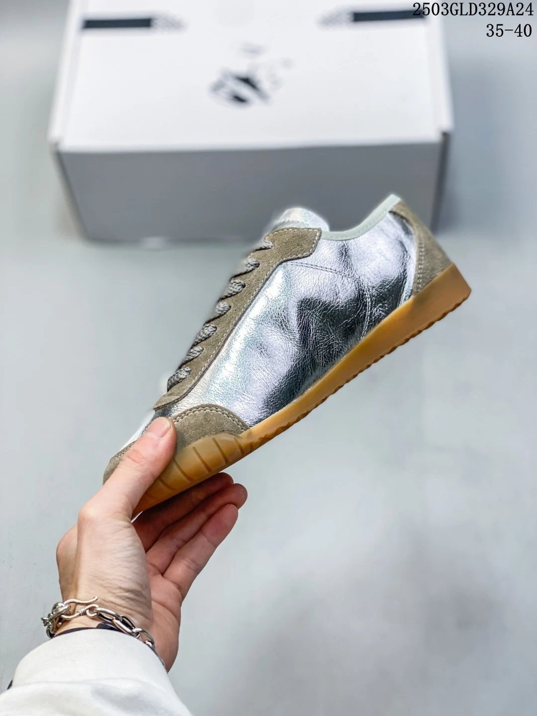 Retro German Trainer Sneakers Space Silver and Taupe - Gallery Image 3 - Detailed View