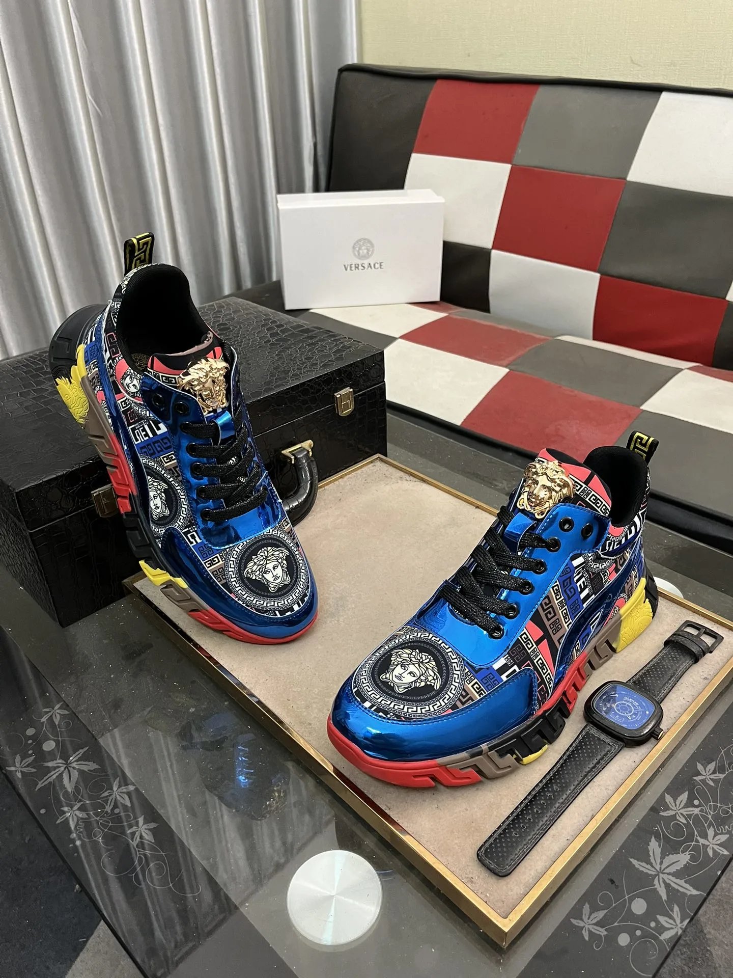 Luxury Leather Sneakers Multi-Color Blue - Gallery Image 3 - Detailed View