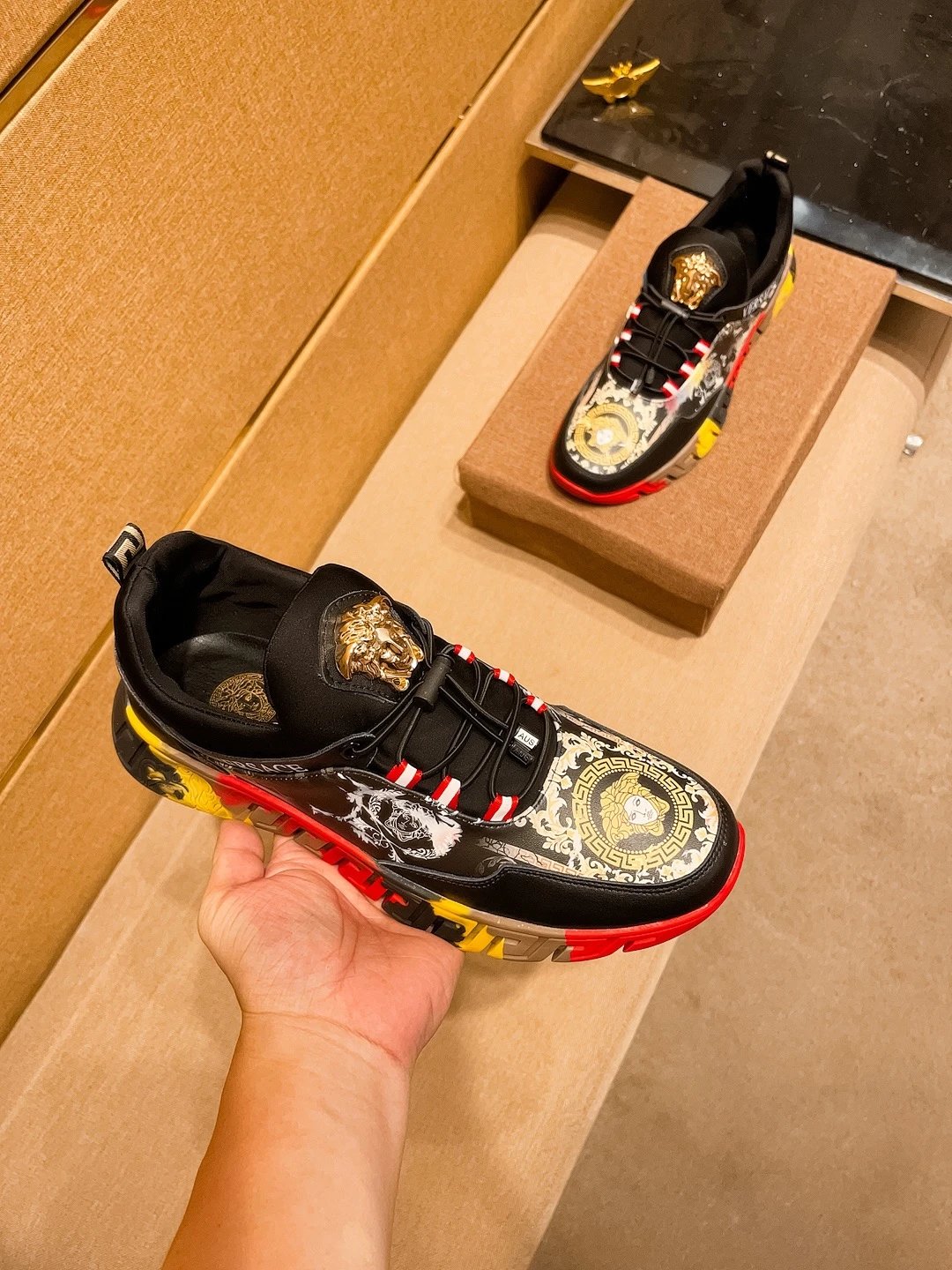 Baroque Leather Sneakers Flame Red - Gallery Image 3 - Detailed View