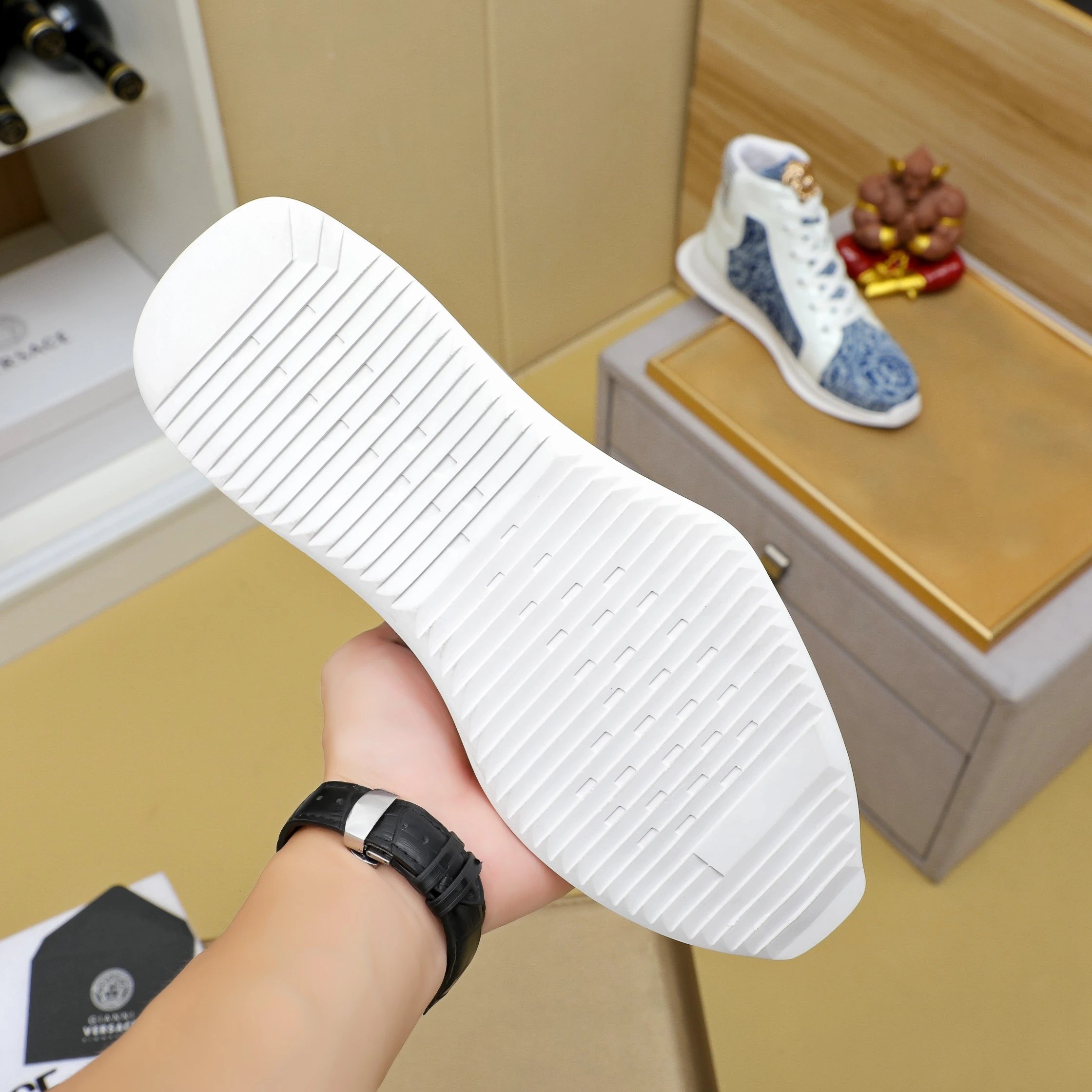 Baroque Leather High Top Sneakers Ivory Blue - Gallery Image 9 - Detailed View