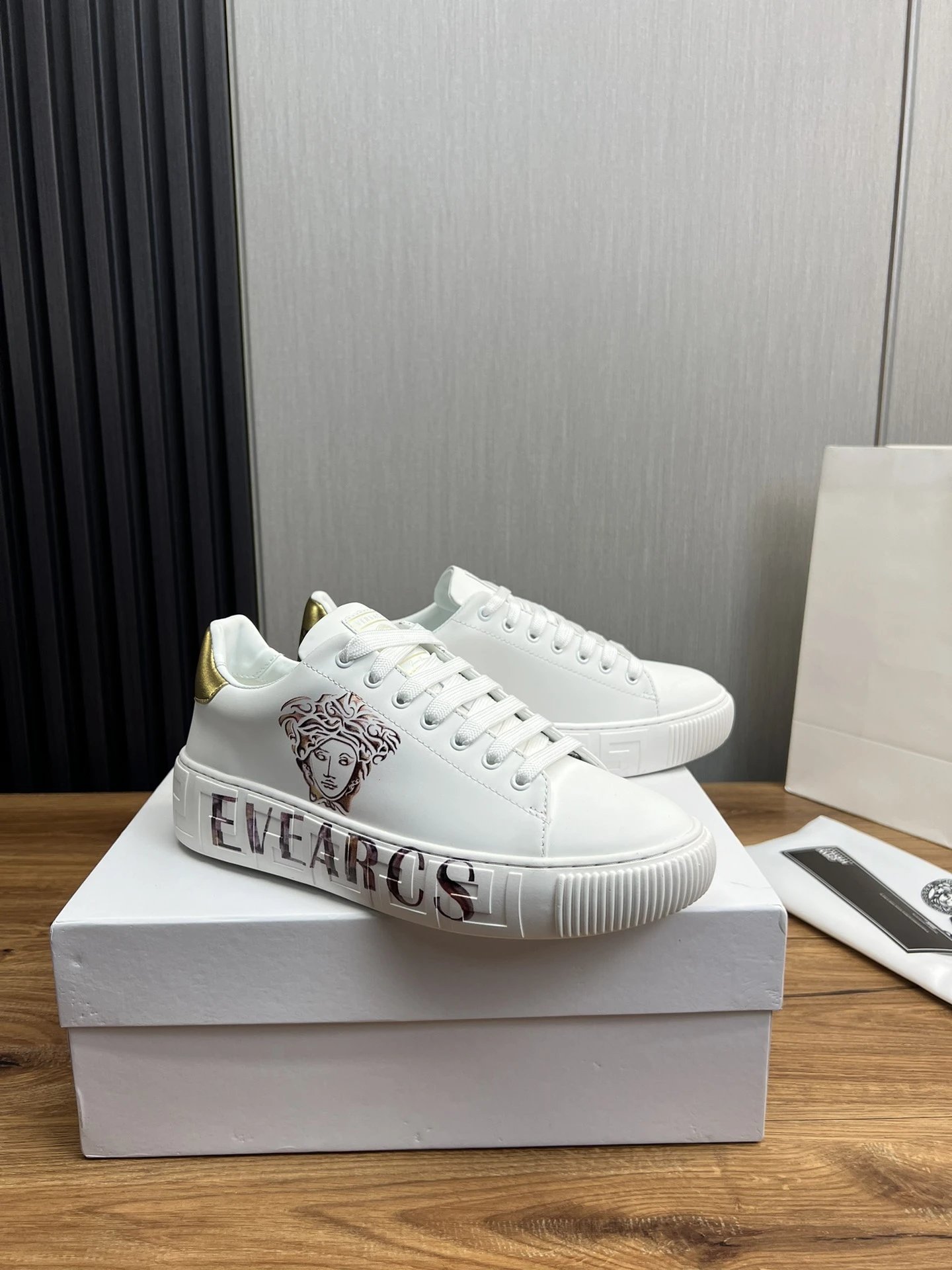 Luxury Leather Couple Sneakers Ivory Gold - Gallery Image 3 - Detailed View