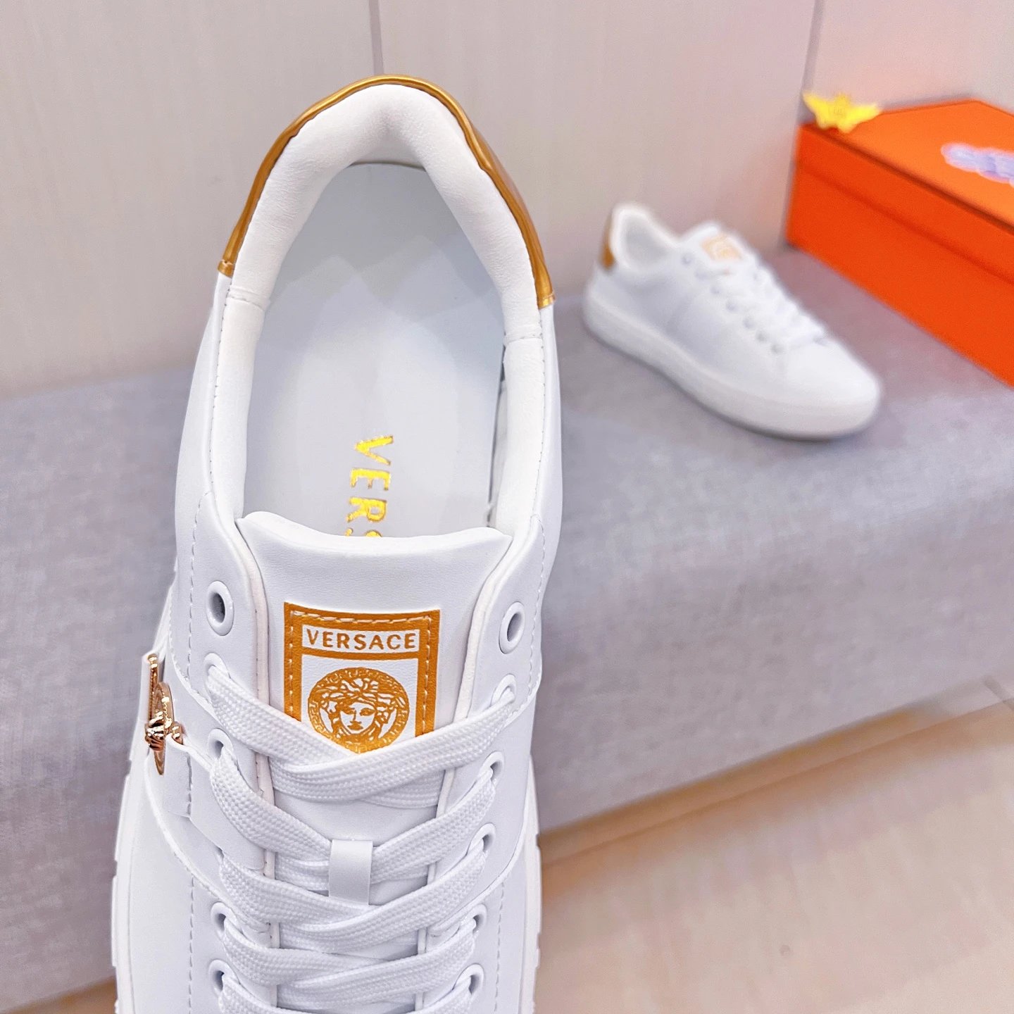 Luxury Leather Sneakers Gold White - Gallery Image 7 - Detailed View